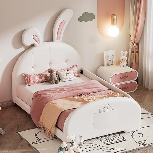 Linique Cama de princesa tapizada en forma de conejo, tamaño individual, cama de plataforma de piel sintética con cabecero y estribo, color blanco