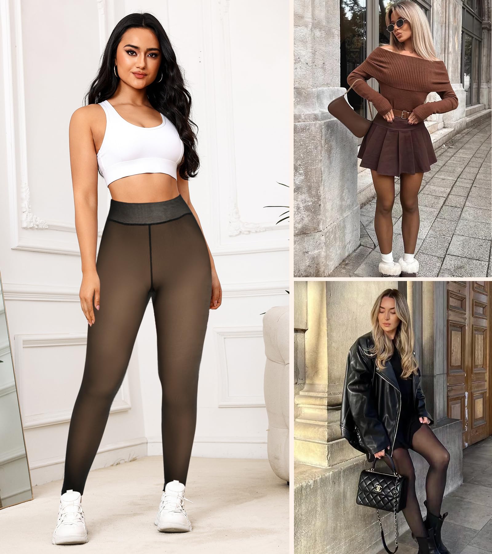 Collant da donna foderati in pile, effetto traslucido, a vita alta, per l'inverno