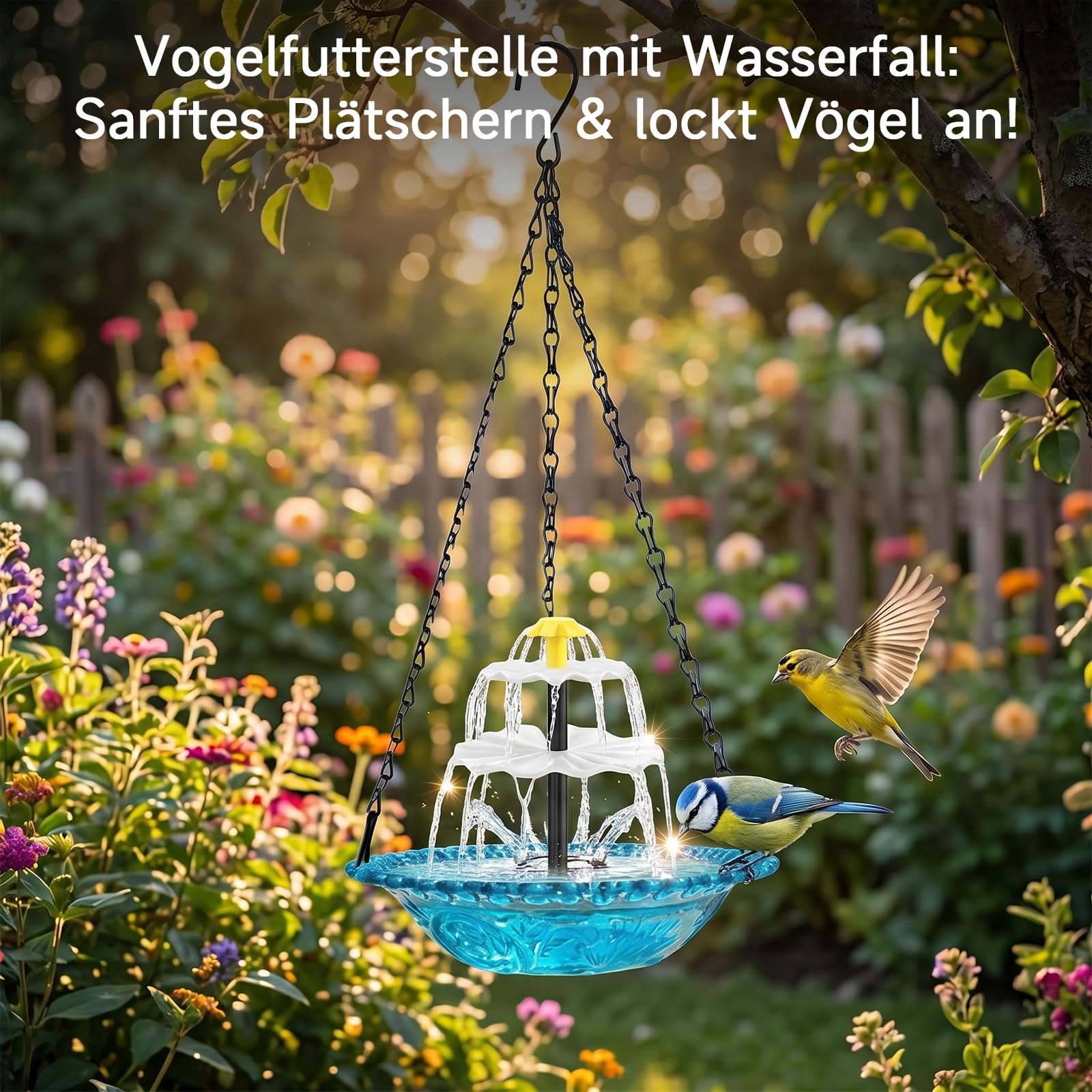 Vogeltränke Hängend, Vogeltränke Hängend mit Solarbrunnen, Vogeltränke mit Springbrunnen Solar, 3 Stufig Vogeltränke zum Aufhängen, Solarbetriebenes Vogelbad Garten für Garten Hof Terrasse Balkon