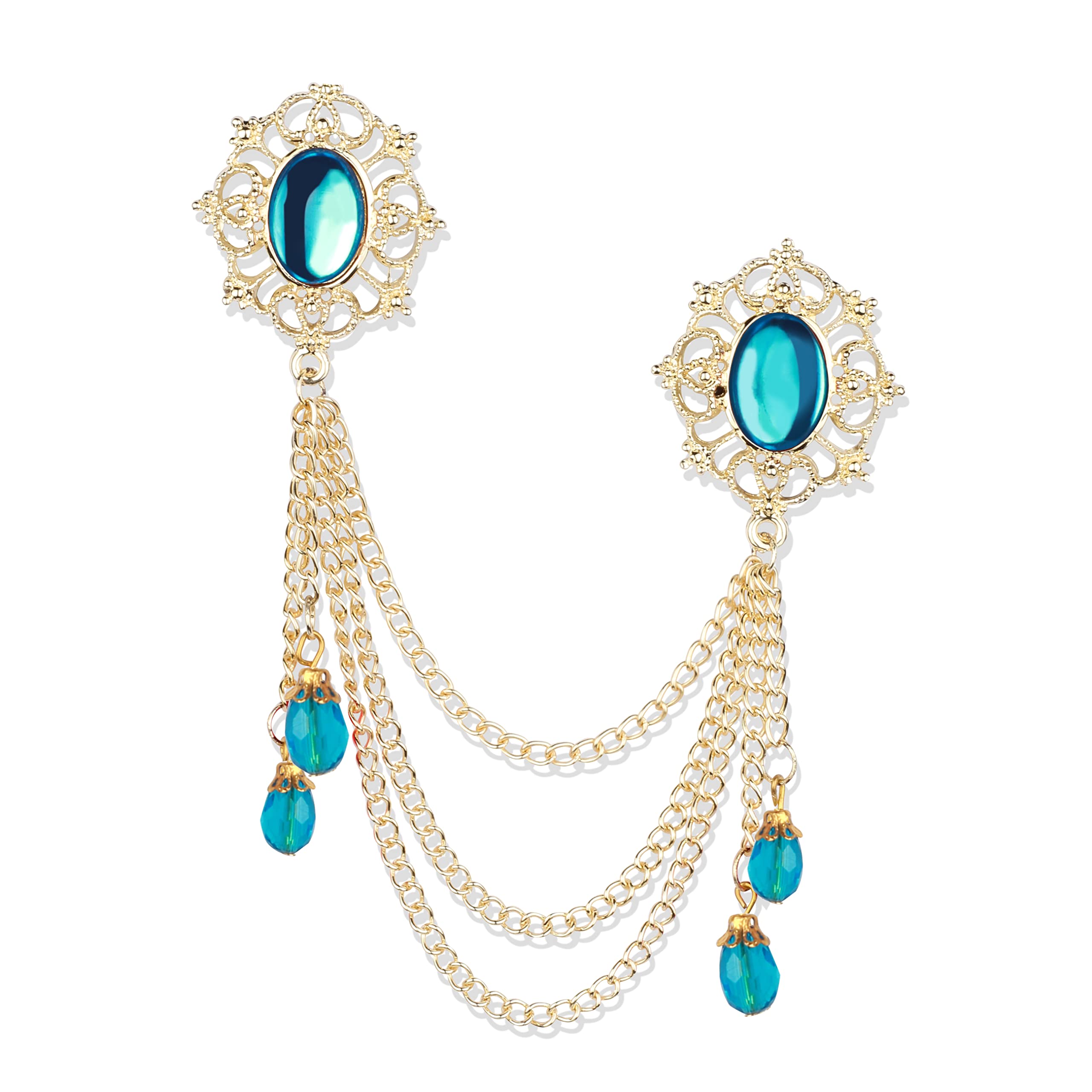 Panjatan Crownly Framed Neon Black Pearl and Hanging Crystal with Golden Chain Brass Pin Brooch for Men and Women