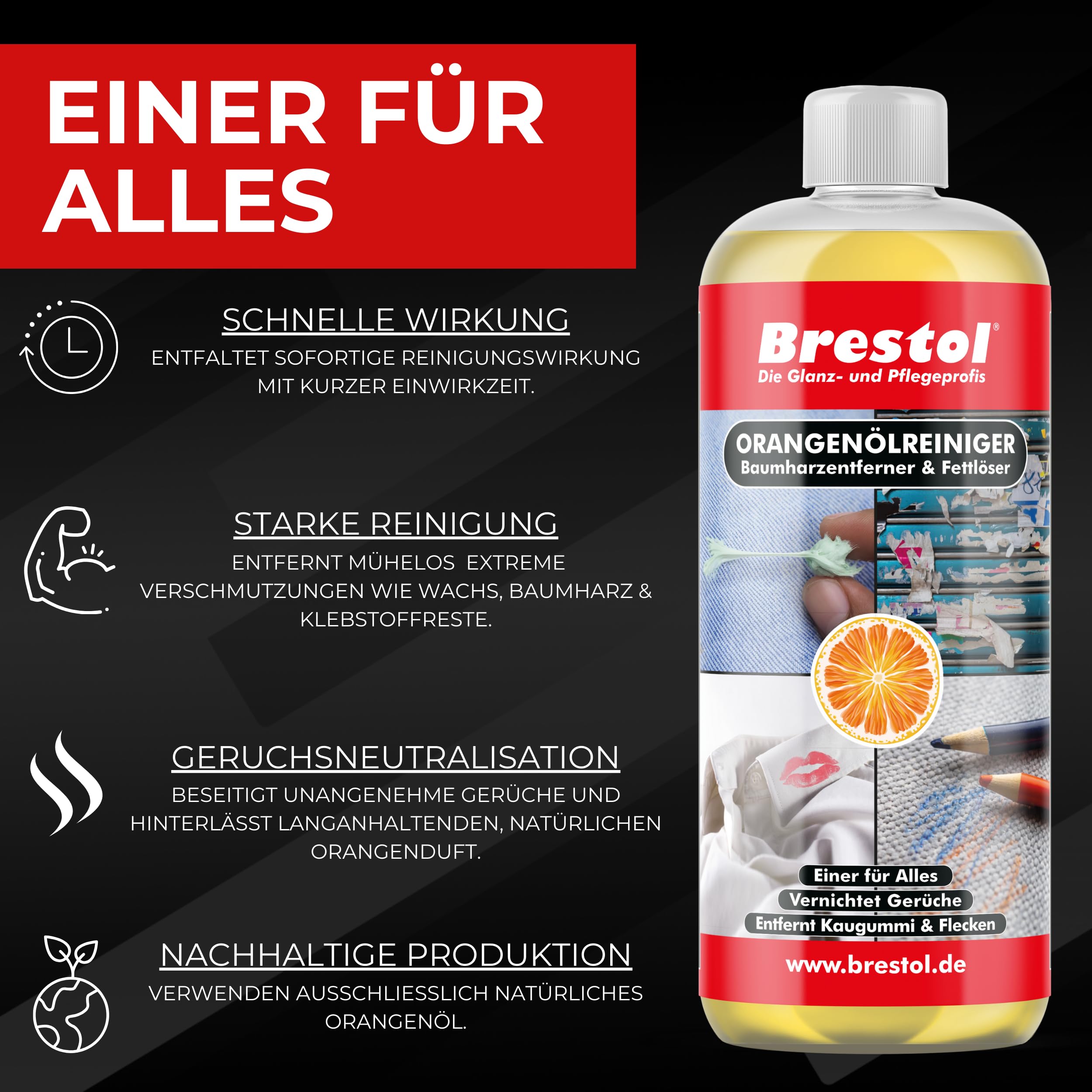 BRESTOL® ORANGENREINIGER 2x 1000 ml - Universalreiniger Fett Öl Kaugummi Baumharz Entferner Baumharzentferner Geruchsneutralisierer Orangenölreiniger