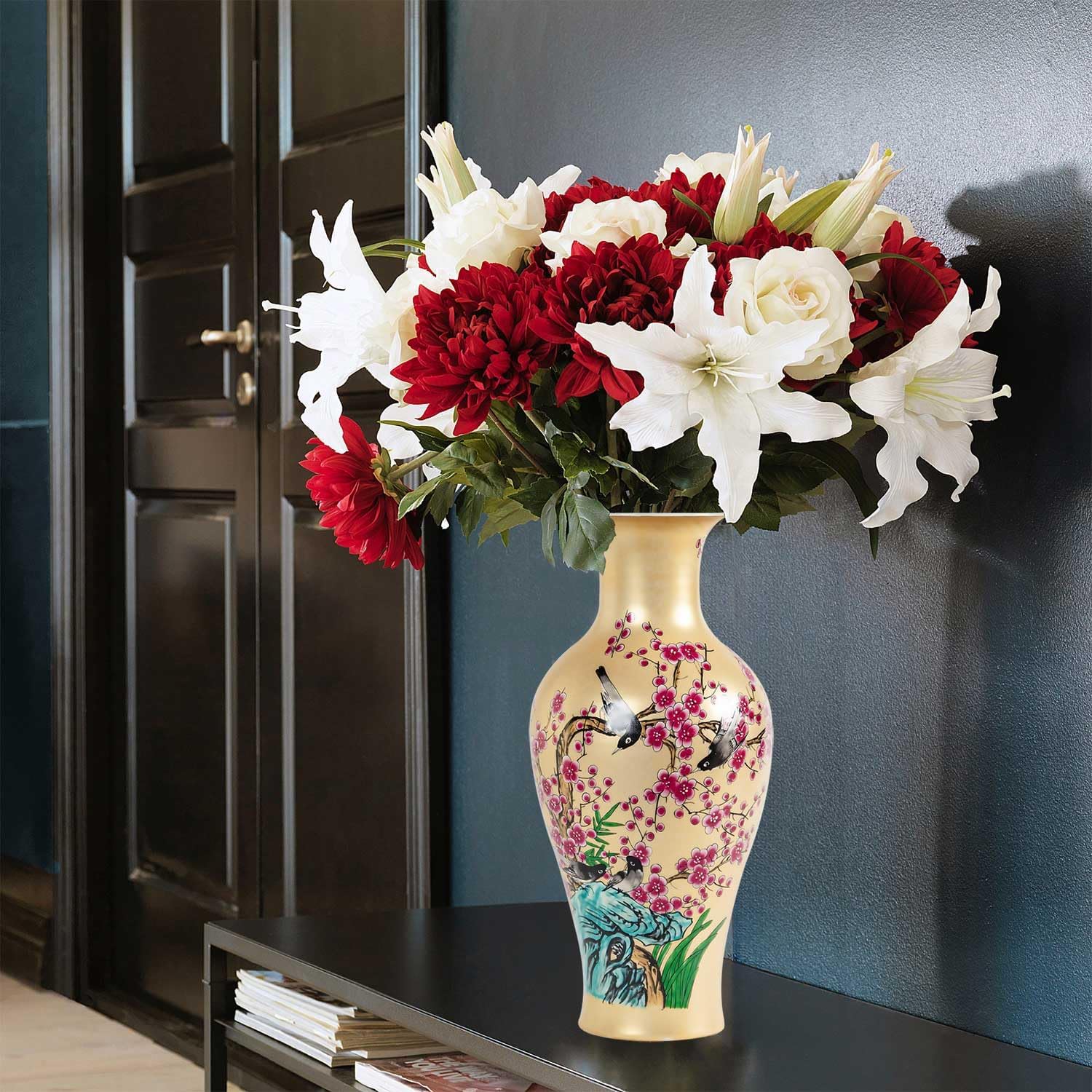 Houlu 14-inch Golden Ceramic Flower Vase for Centerpieces, Decorative Vase for Flowers