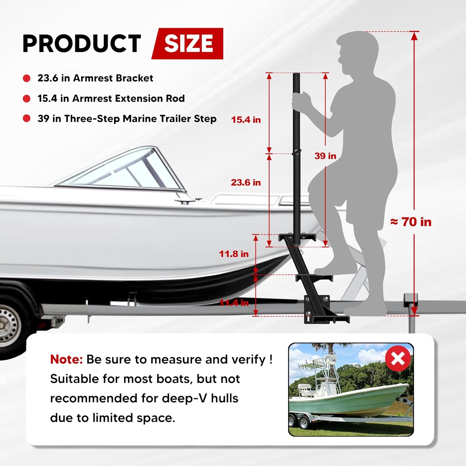Heavy-Duty Boat Trailer Steps (3 Steps) with Handle Fits 3'' and 3.5'' Tall Trailer Tongues, Max 500lbs Capacity, Fit for Most Bass Boats, Pontoon Boats, Hunting Boats, Universal Fit