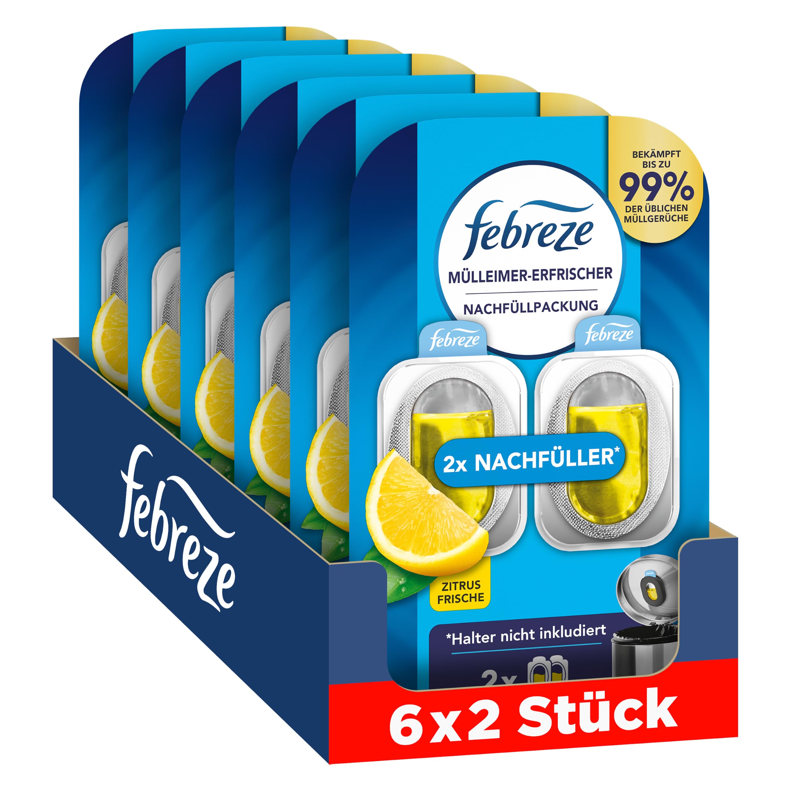 Febreze Mülleimererfrischer 12 Nachfüller (6x2), Zitrusfrische Duft | Bekämpft übliche Mülleimergerüche und hinterlässt einen frischen Duft direkt am Abfall.
