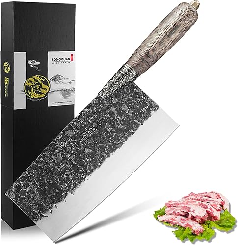 Miniatura 1 de LONGQUAN Cuchillo de chef chino hecho a mano de 7.6 pulgadas, hecho a mano, acero de alto carbono con mango de madera con caja de regalo para regalo