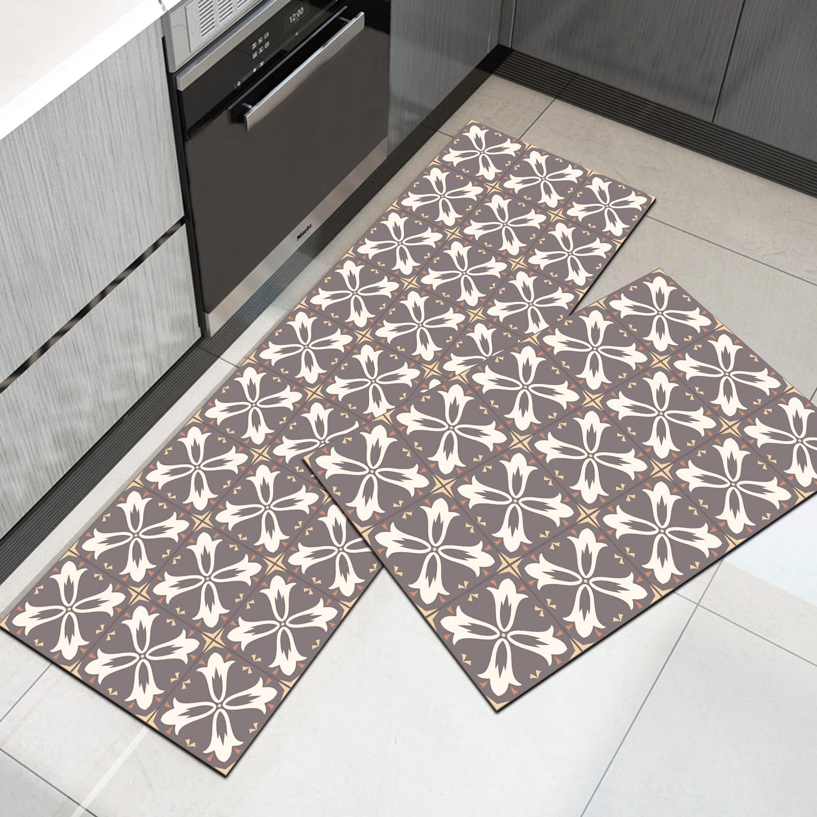 PQCXXAkitchen rug sets 2 pieces kitchen mats and rugs, Anti Fatigue Kitchen Mat Set PVC Comfort Kitchen Floor Mat Absorbent For Office Home Indoor Outdoor (Grey lily, 40x120cm+40x60cm)