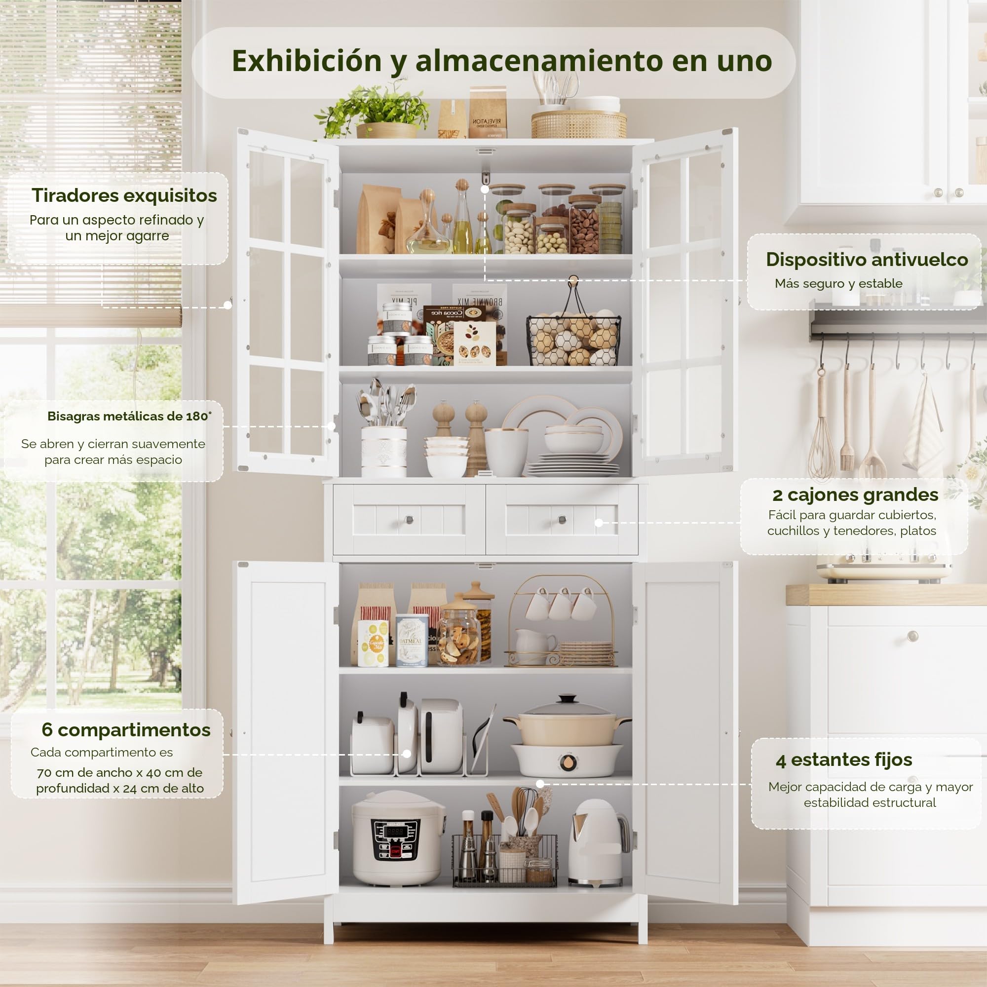 HOCSOK Alacena de Cocina, Armario Despensa con 4 Puertas y 2 Cajones, Vitrina Cocina con 2 Puertas de Vidrio para Comedor, Oficina y Sala de Estar, Moderno, Blanco