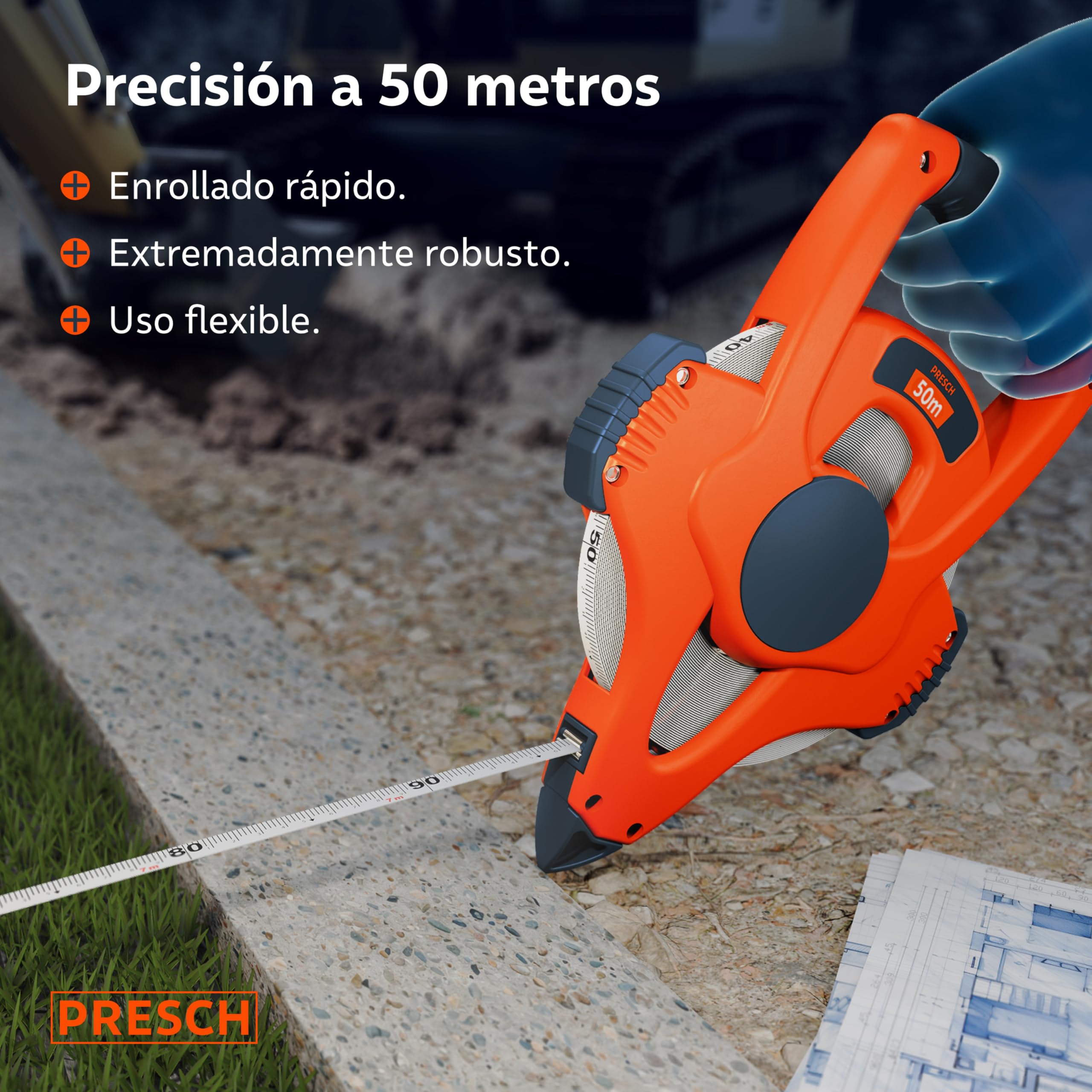 Presch Cinta Métrica 50 metros – Retorno rápido 3:1 – Flexómetro de fibra de vidrio resistente – Bloqueo de manivela para tensión perfecta – Sujeción segura con gancho multifunción