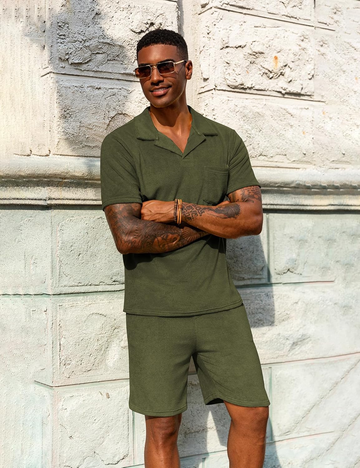 URRU Men's Polo Shirt and Shorts Set Summer Outfits Beach Terry Casual Short Sleeve 2 Piece Short Set for Men - Image 2