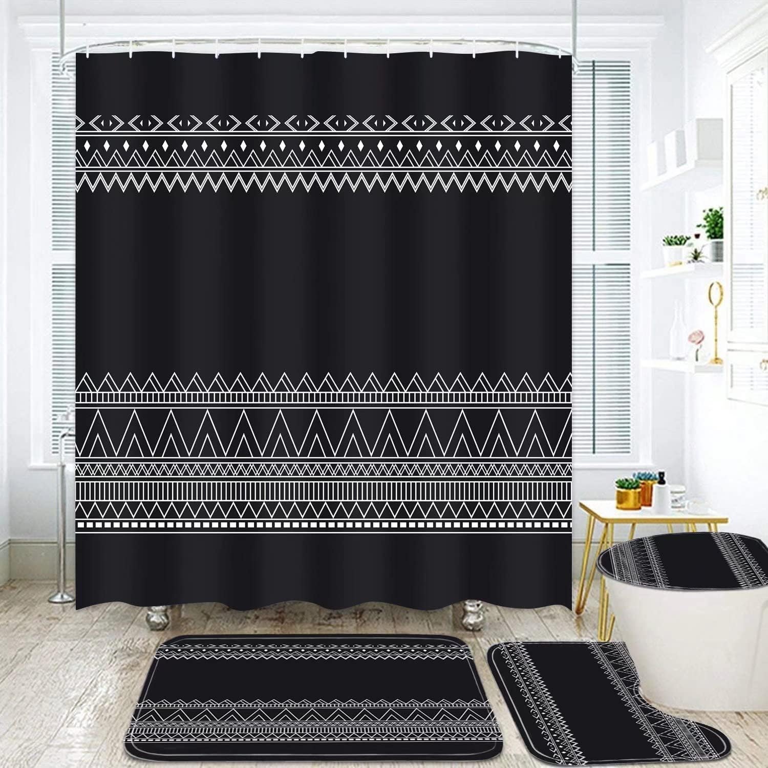 DDQQ 4Pcs Black Boho Shower Curtain Set with Rugs, Modern Abstract Geometric Bathroom Decor Set with Accessories, Vintage Stripes Bohemian Waterproof Shower Curtain for Bathtub Decor : Home & Kitchen