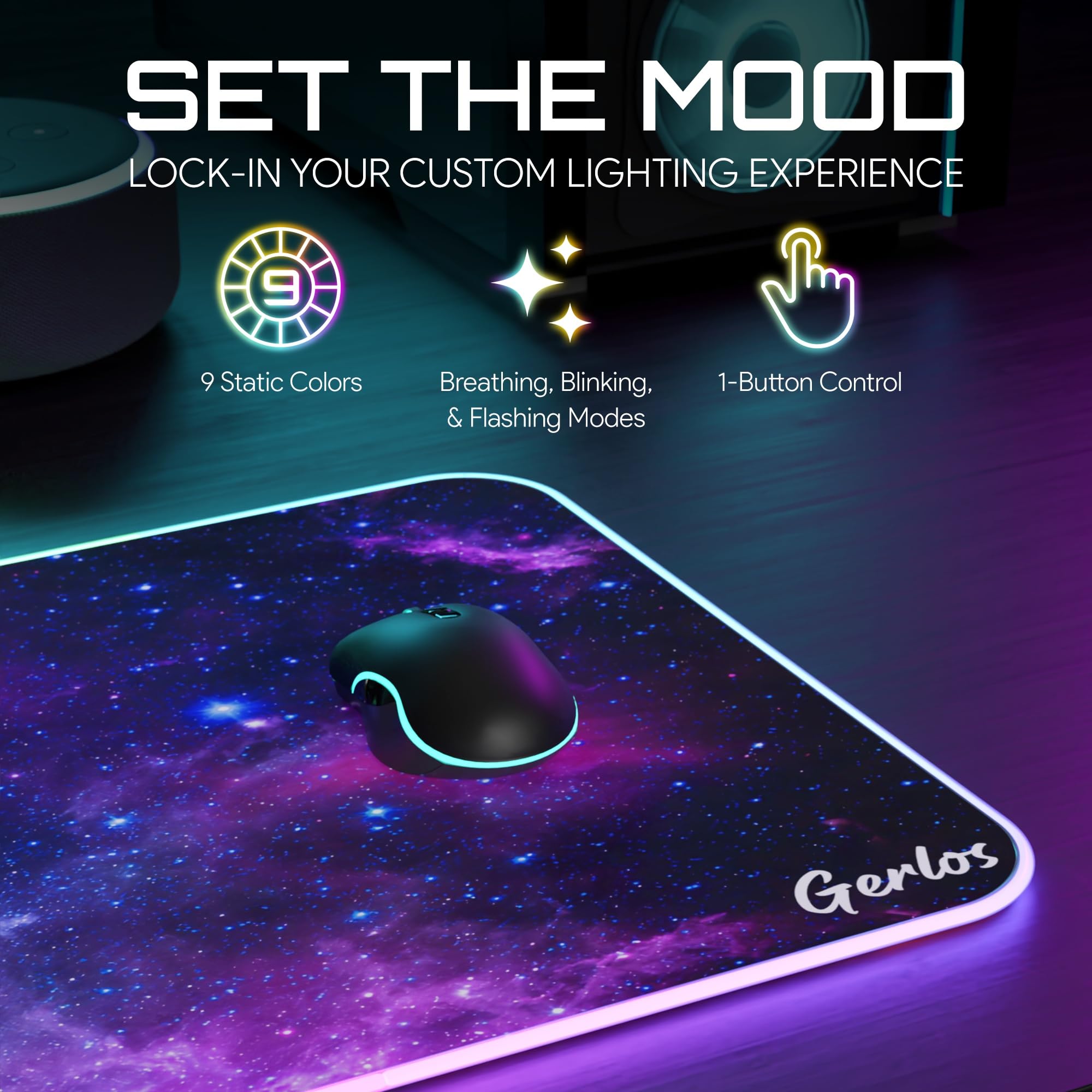 Gerlos RGB Gaming Mouse Pad, Large Extended LED Desk Mat with 12 Light Modes, Non-Slip Rubber Base, Water-Resistant, 31.5×11.8 Inch: Violet