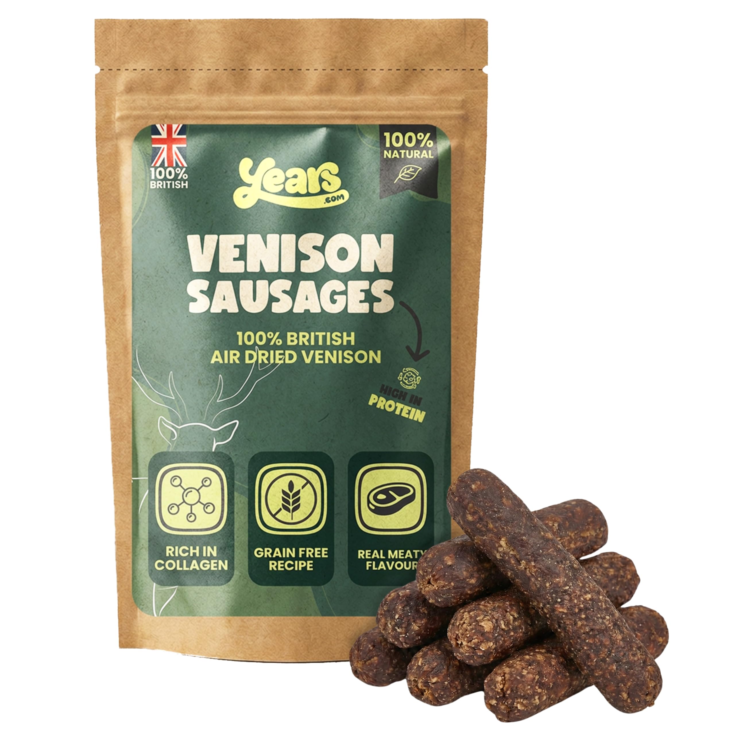 YEARS 100% Venison Sausages Meaty Dog Treat | Hypoallergenic High in Protein & Collagen Rich Grain Free Air Dried Dog Sausages | 100g