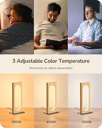 Miniatura 3 de EDISHINE Lámpara de mesa LED, lámpara de noche de madera con 3 temperaturas de color y regulable, lámpara de mesita de noche cuadrada con control