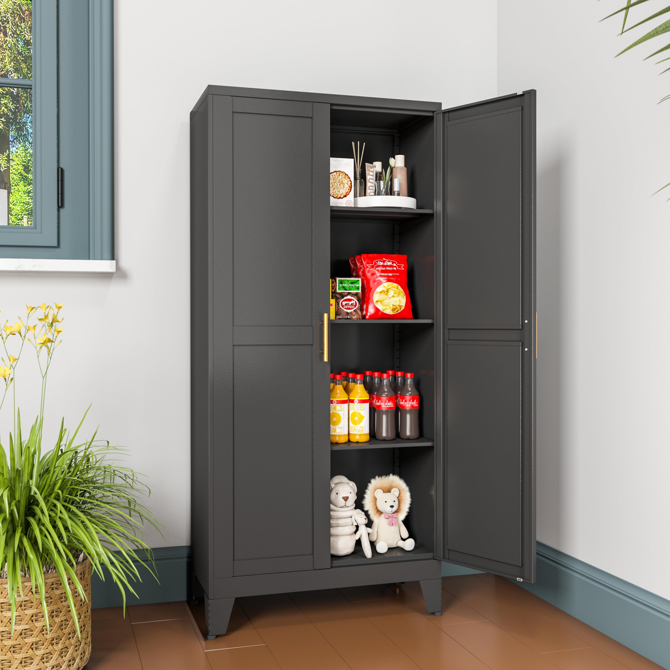 winiowa Metal Pantry Cabinet with 2 Doors and Adjustable Shelves, Kitchen Storage cabinets with Gold Handles, Versatile Storage for Laundry Room,Living Room,Bathroom,Dinning Room-Black