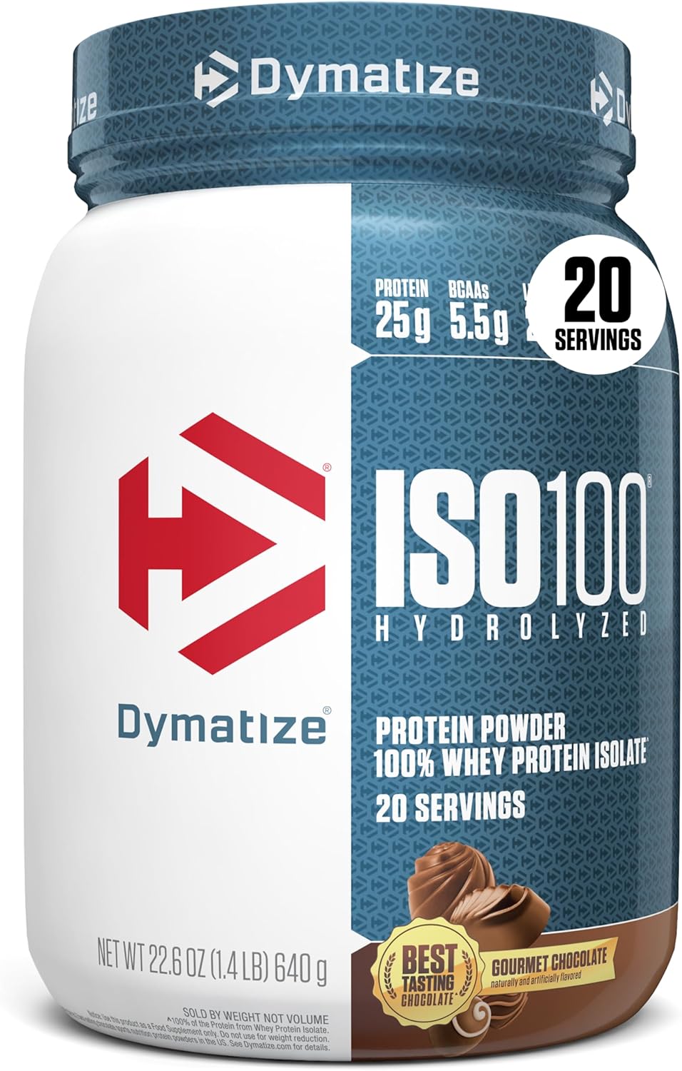 Dymatize ISO100 Whey Protein Powder Isolate, Gourmet Chocolate, 25g of Protein, 20 Servings, 5.5g BCAAs, Less Than 120 Cal., Gluten Free, 1g Fat, 1g Sugar, 2g Carb protein powder by Dymatize