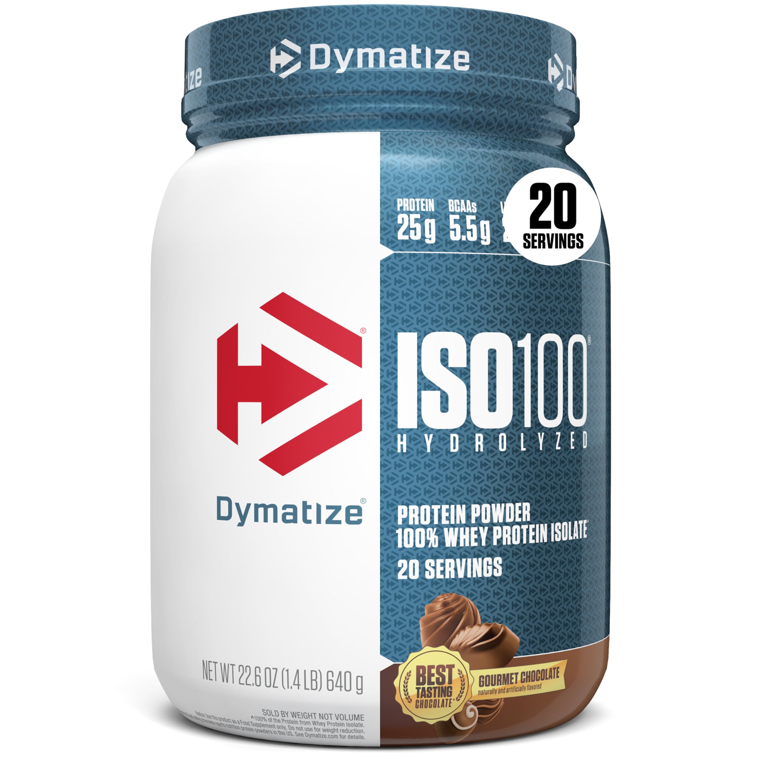 ISO100 Whey Protein Powder Isolate, Gourmet Chocolate, 25g of Protein, 20 Servings, 5.5g BCAAs, Less Than 120 Cal., Gluten Free, 1g Fat, 1g Sugar, 2g Carb