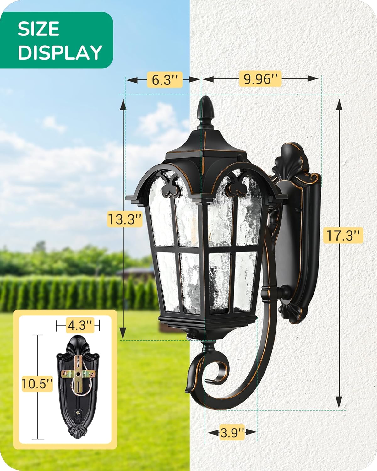 EDISHINE Dusk to Dawn Outdoor Wall Light, 17" Exterior Light Fixture Wall Lantern, Black Roman Porch Light Wall Lamp with Water Ripple Glass, Waterproof Wall Mount Sconce for Porch, Garage, Patio