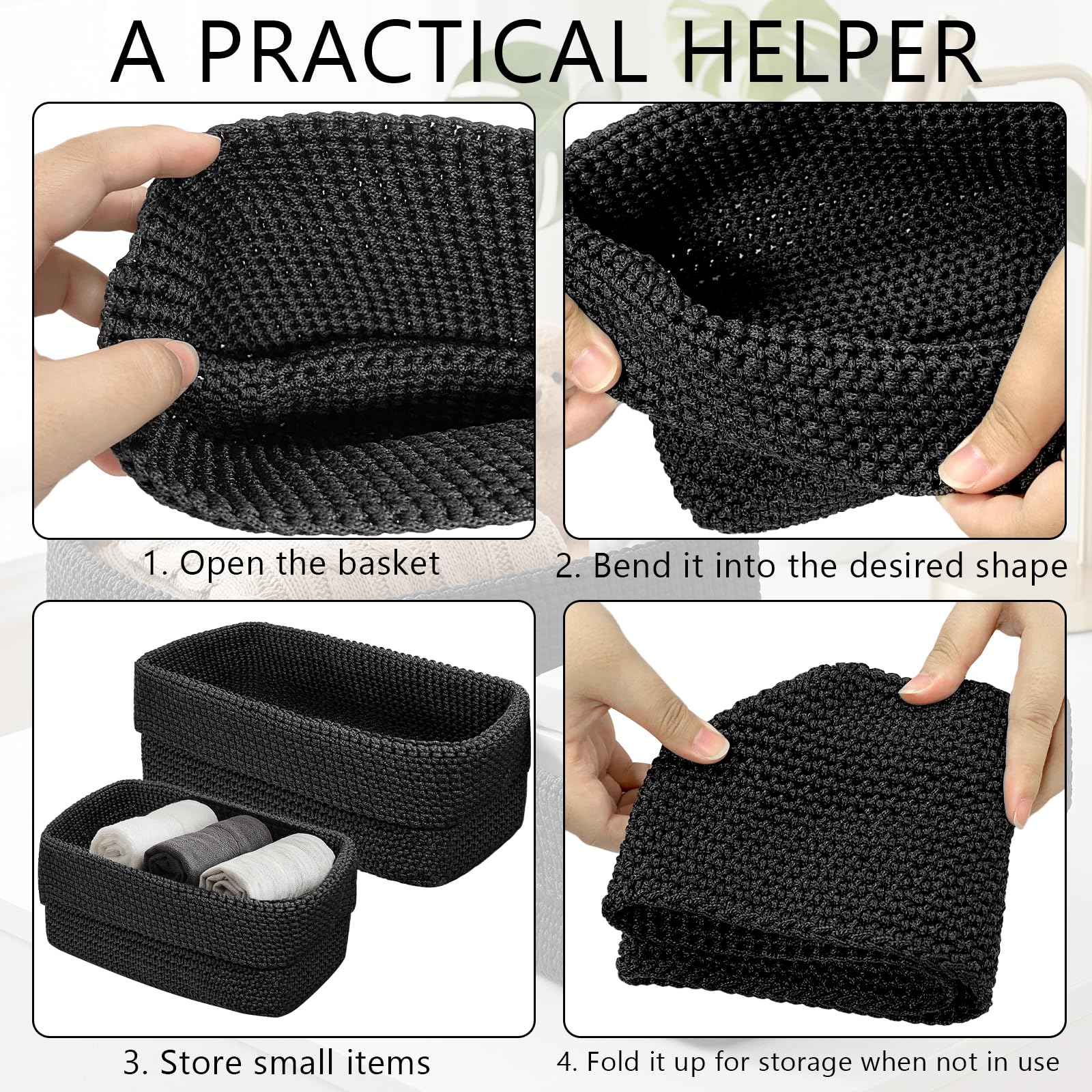 2 Piezas Cestas Almacenaje, Cesta de Ganchillo Tejida a Mano, Cestas de Almacenamiento, Cesta Organizadora Rectangular Grande y Pequeña para Baño, Salón y Oficina, Negro (negro)