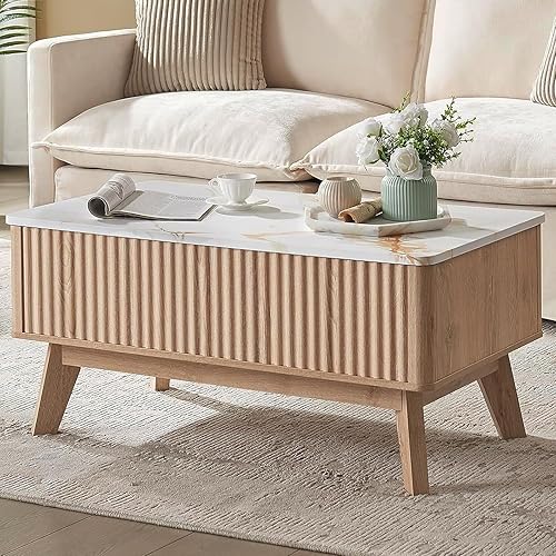 Lift Top Coffee Table with Faux Marble Tabletop, Mid Century Modern Coffee Table for Living Room,Wooden Fluted Rising Pull up Entertainment Center with Hidden Storage Drawer for Office, Oak