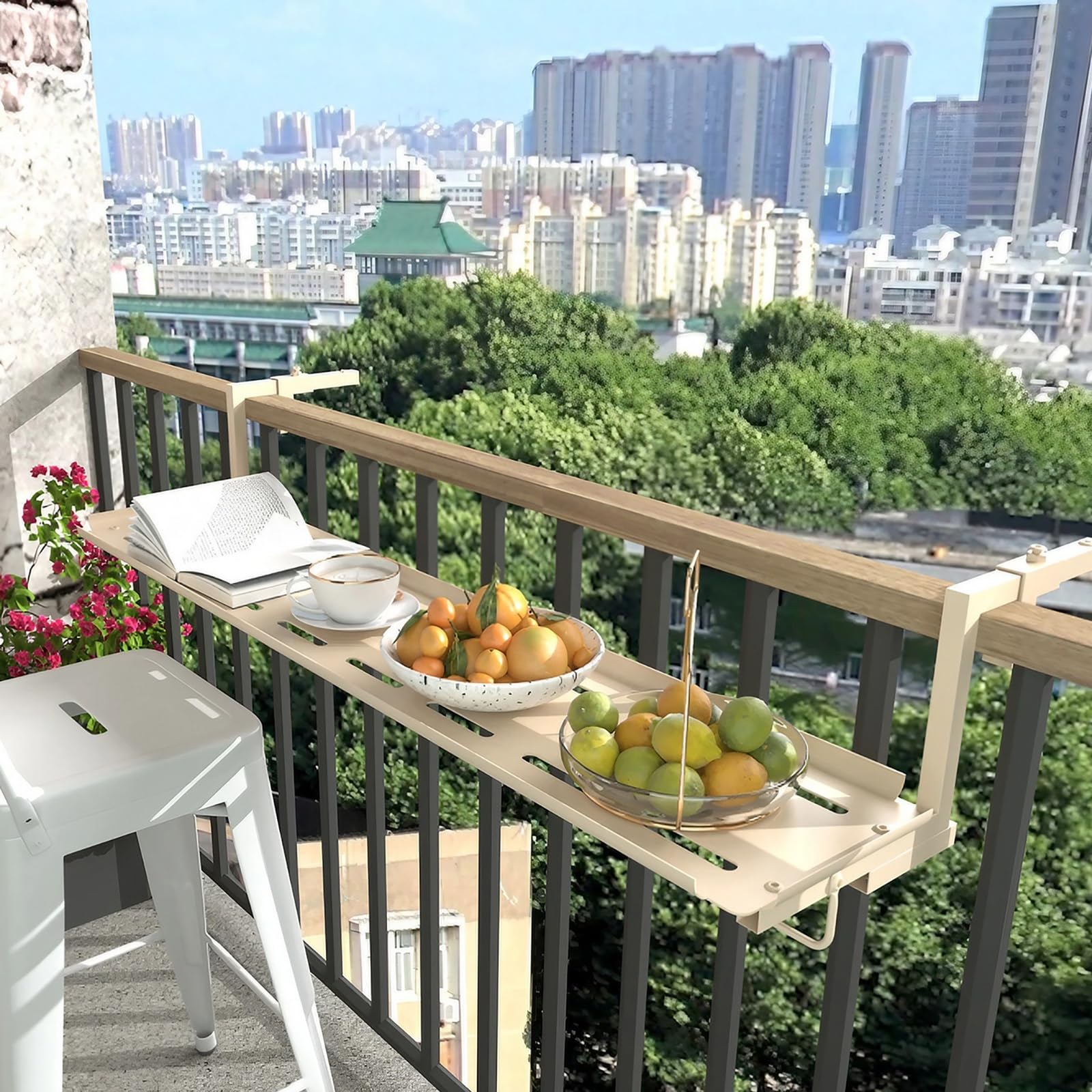 Table de balcon suspendue métal beige 116 cm pour terrasse et balustrade