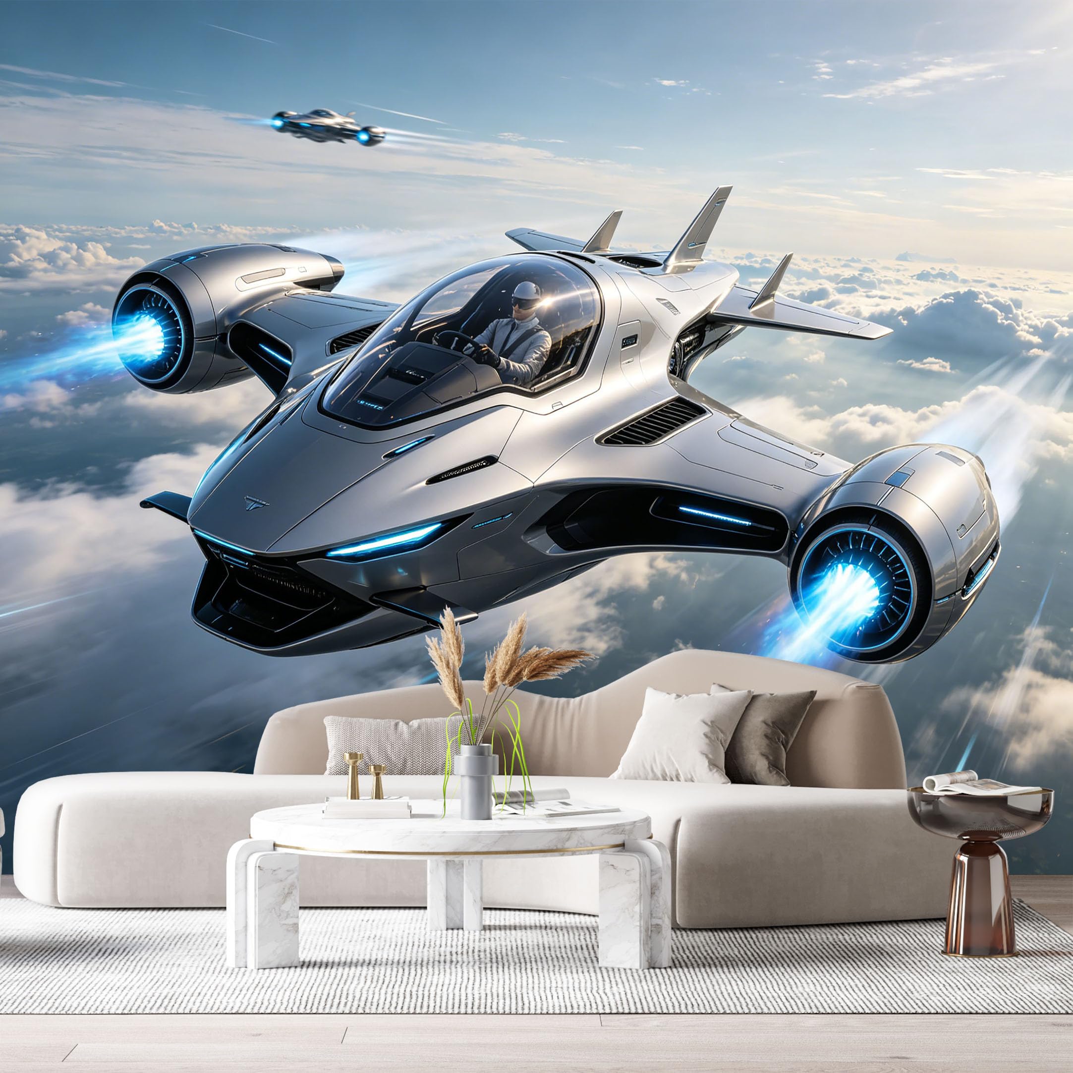 Agglomerix Bh2604260389 Custom Size Wall Murals Futuristic Jet Aircraft In Sky Modern Sci Fi Flying Vehicle Clouds Landscape 3D Trompe L'oeil Selfadhesive Wall Fabric Removable Large Wallpaper For Living Room