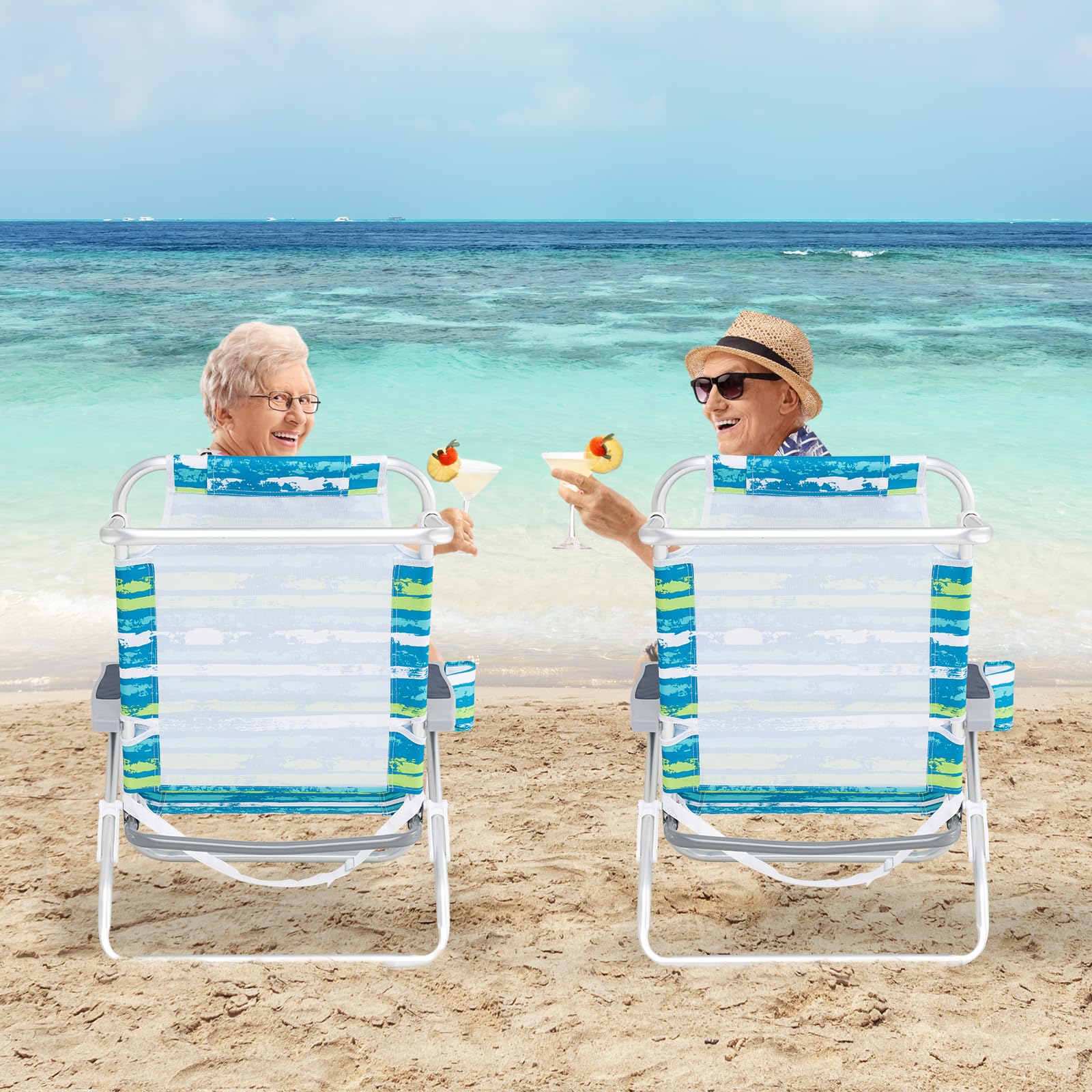 GIANTEX Sedia pieghevole da spiaggia e campeggio, schienale regolabile 4 posizioni, portasciugamani e cuscino, 2 in 1, fino a 150 kg (62 x 54 x 80 cm, strisce verdi)