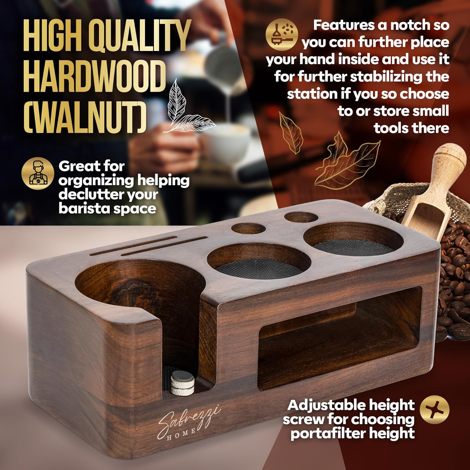 – Wooden Coffee Tamping Station for 58 mm Accessories – Sturdy Tamper holder Station to Safeguard & Organizer Coffee Making Accessories – Walnut
