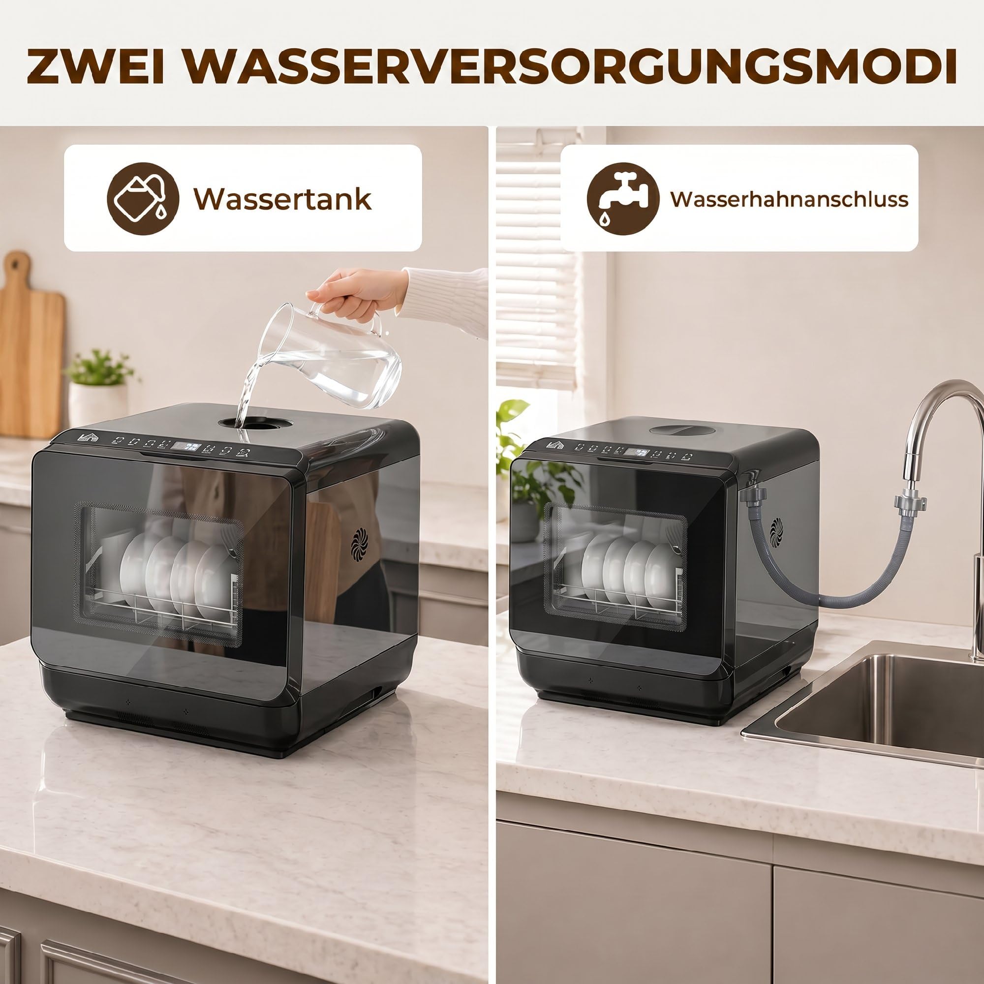 HOMCOM Mini Geschirrspüler Freistehend Tischgeschirrspüler mit 4 Maßgedecke 5 Programmen Trocken Funktion 6L Wassertank Touch Control LED Anzeige Spülmaschine mit/ohne Wasseranschluss für Camping