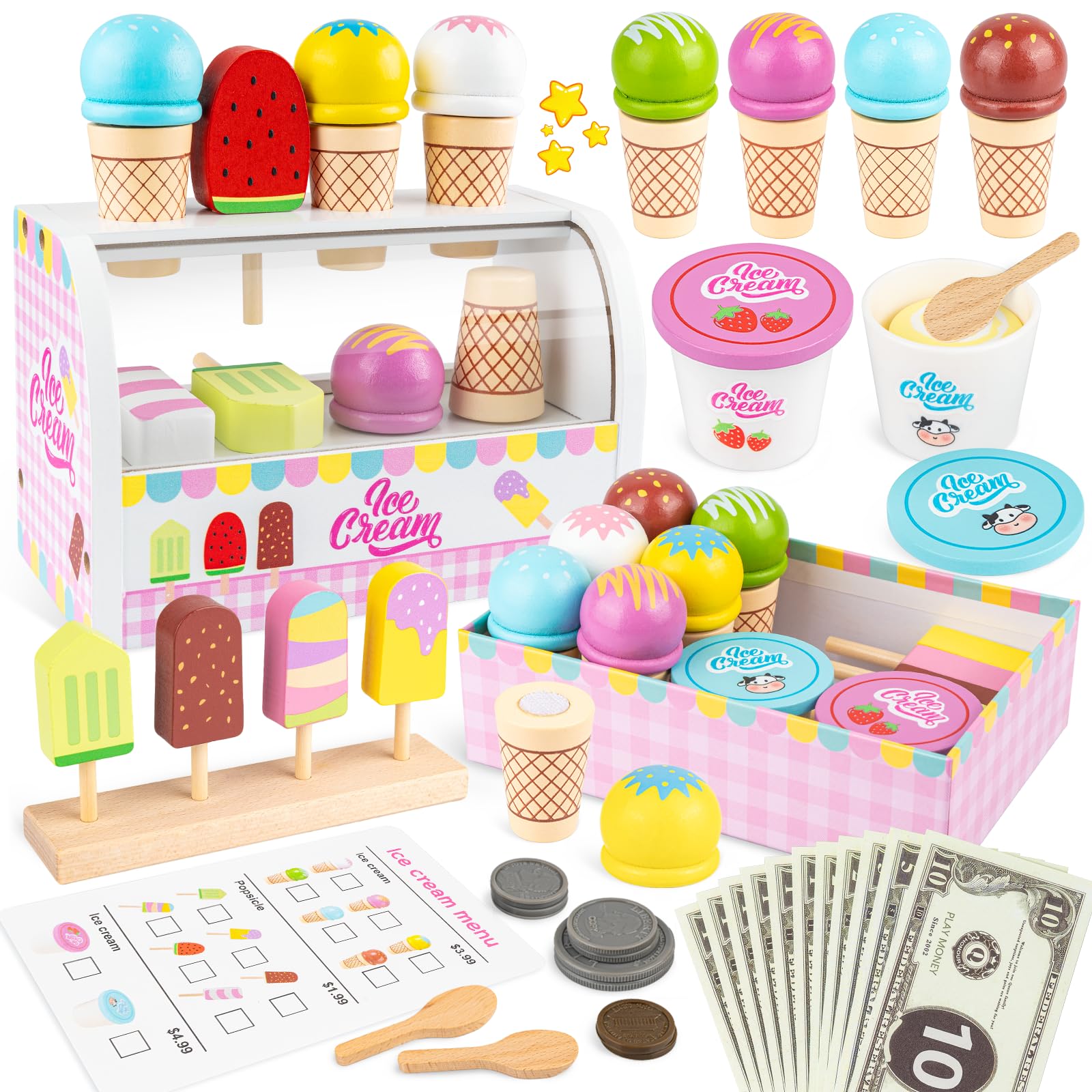 Wooden Ice Cream Toys for Kids,Commodum Mini Ice Cream Shop Counter Playset