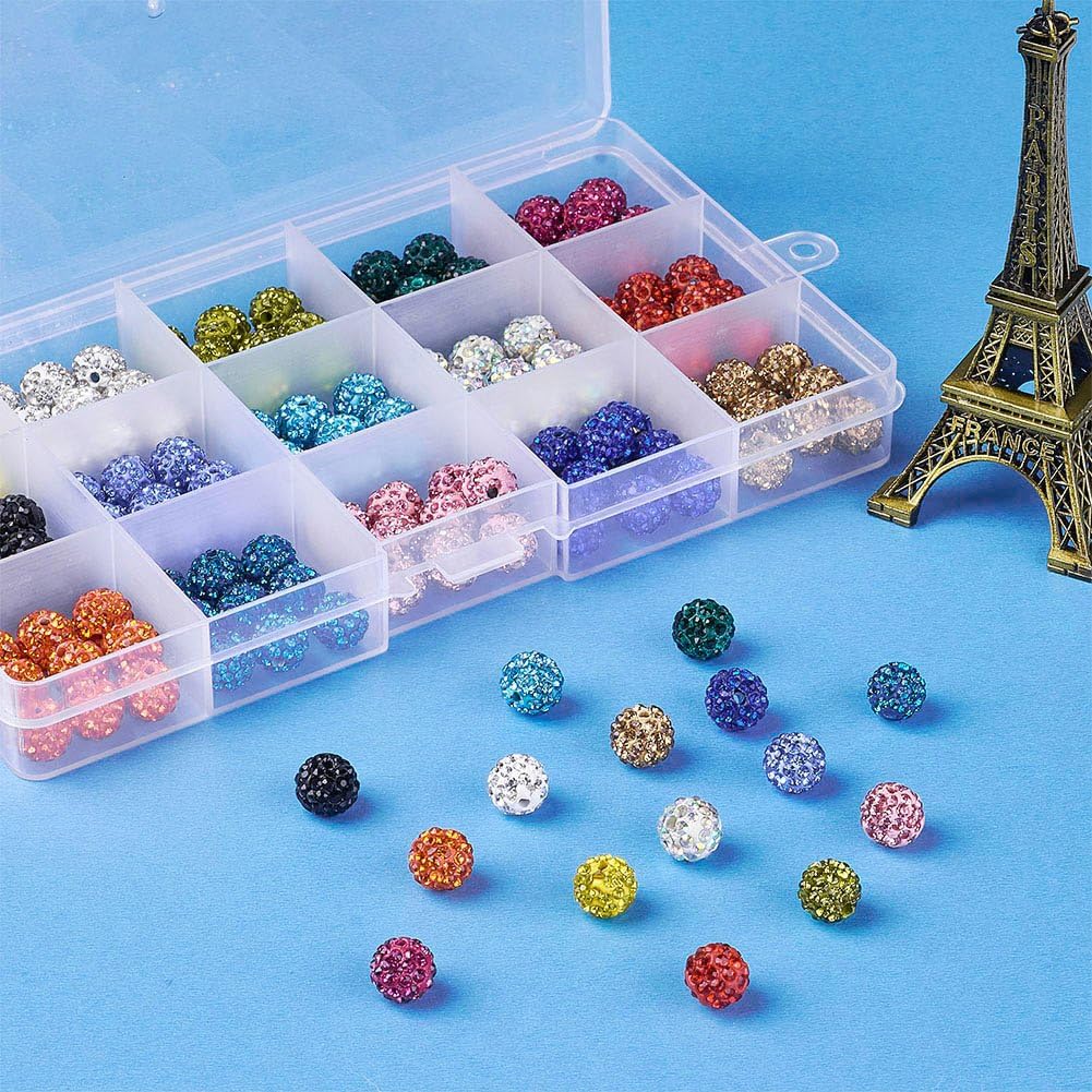 Beadthoven 1Box/150pcs 10mm 15 Colors Pave Czech Crystal Rhinestone Clay Spacer Beads Round Polymer Disco Ball Beads Charms for DIY Bracelet Earring Jewelry Making