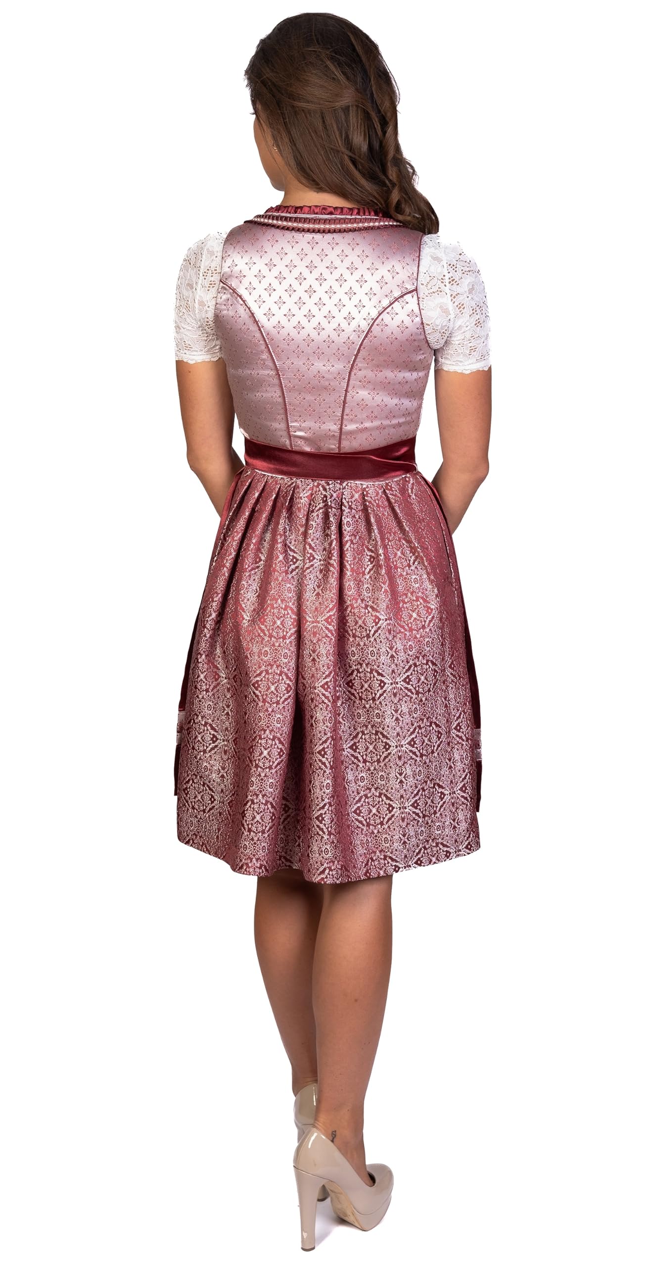 Trachtl Midi Dirndl Kerstin - Abito tradizionale Dirndl da donna, 2° TLG, vestito tradizionale e grembiule bordeaux