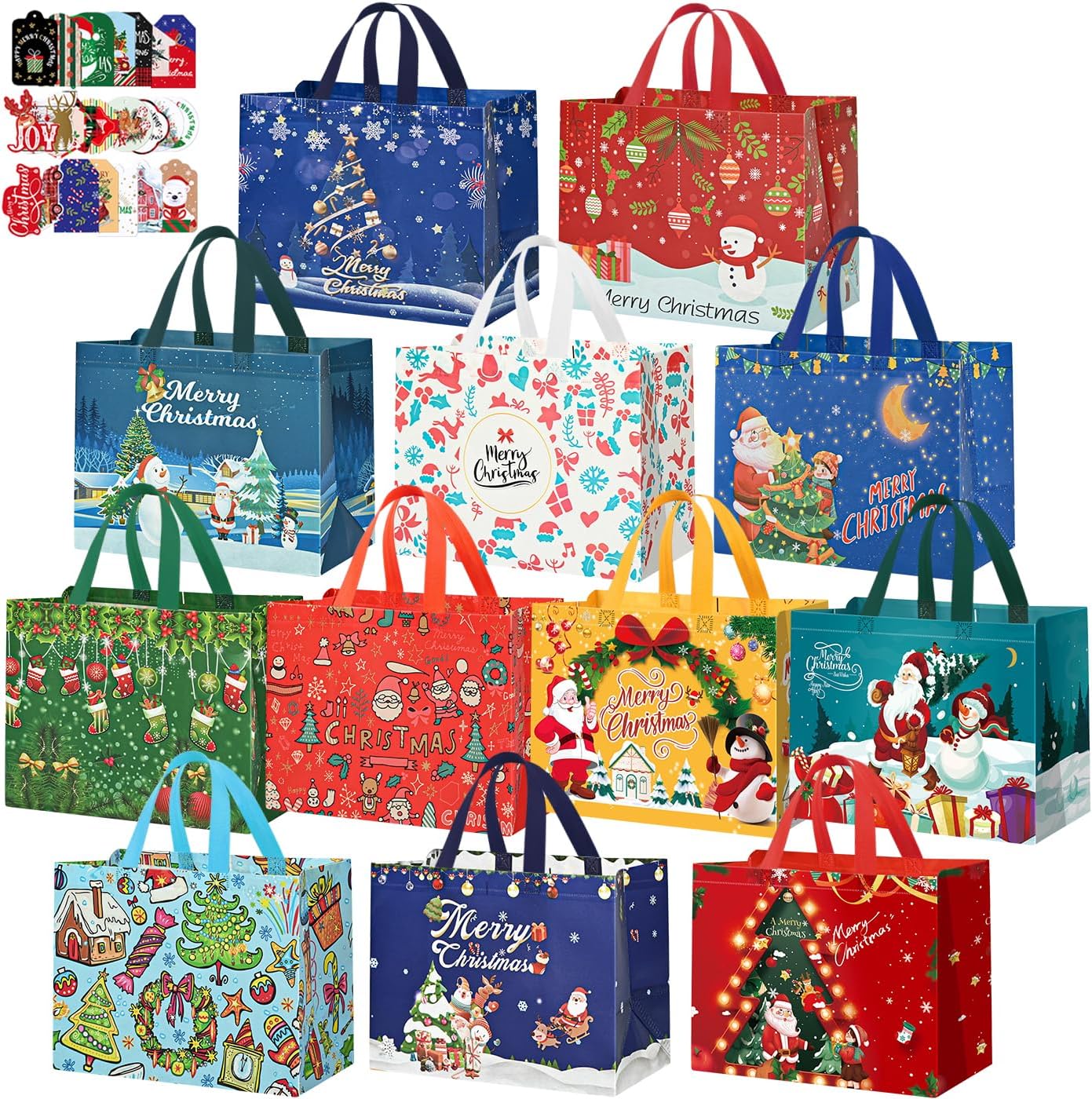 WLUSEAXI 12 Pack Large Christmas Bags with 24 Gift Tags, Reusable Christmas Tote Bags with Handles, 12.6"x9.8"x6.7" for Gifts Wrapping, Holiday Party Favor