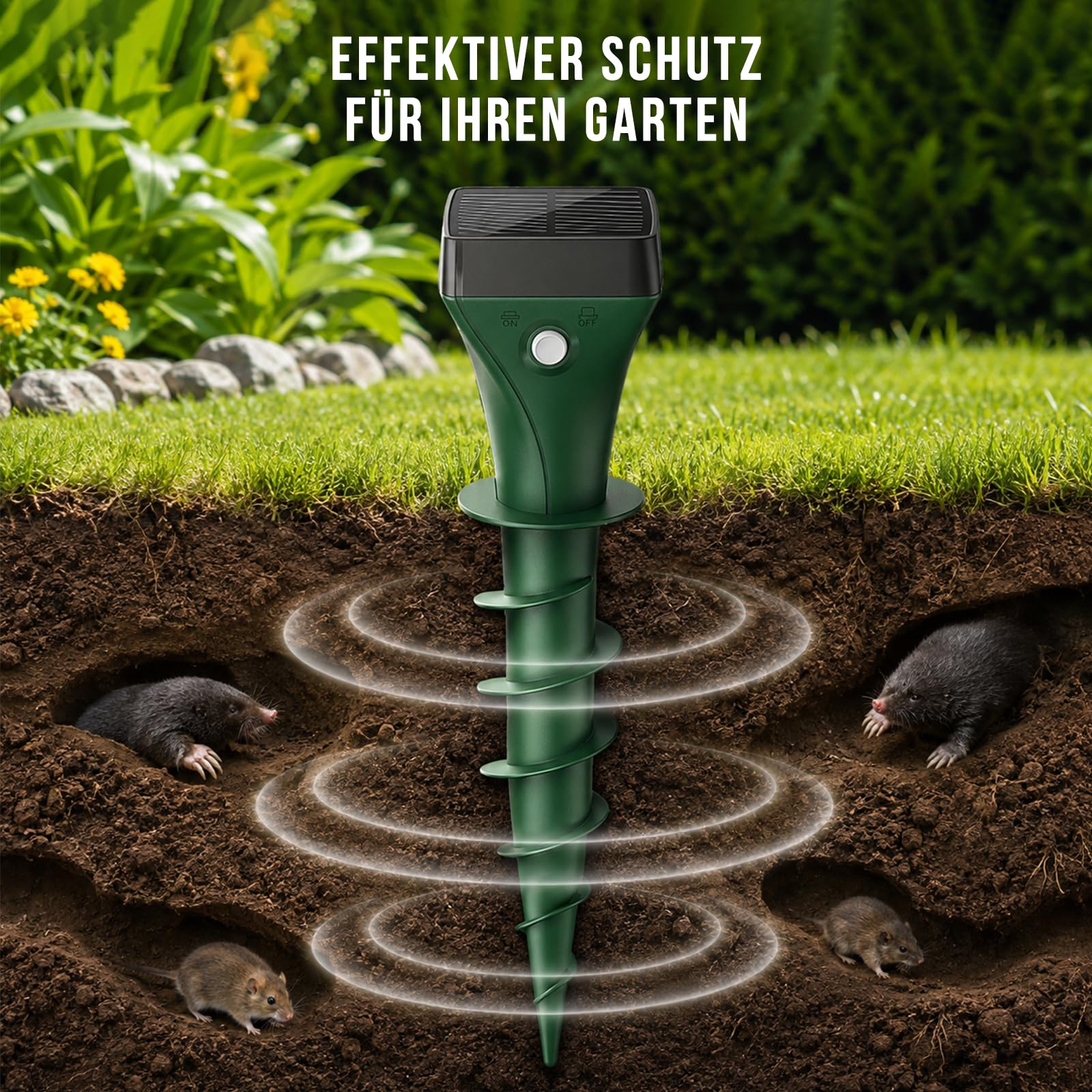 Dissuasore per talpe, a energia solare, con ultrasuoni e cambio di frequenza intelligente, efficace contro talpe e arvicole, impermeabile IP65, per giardino, confezione da 4