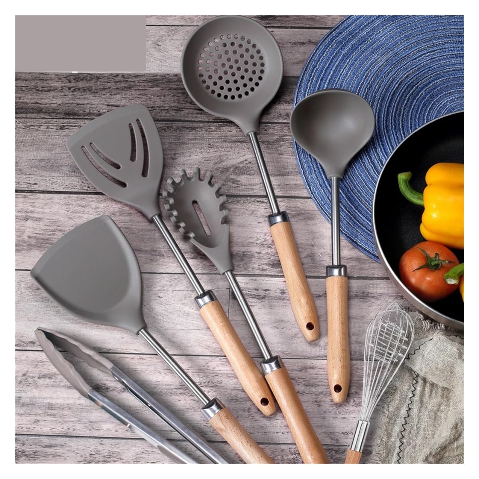 Küchenhelfer-Set aus Silikon mit Holzgriff, hitzebeständige Pfannenwender und Löffel(K05)