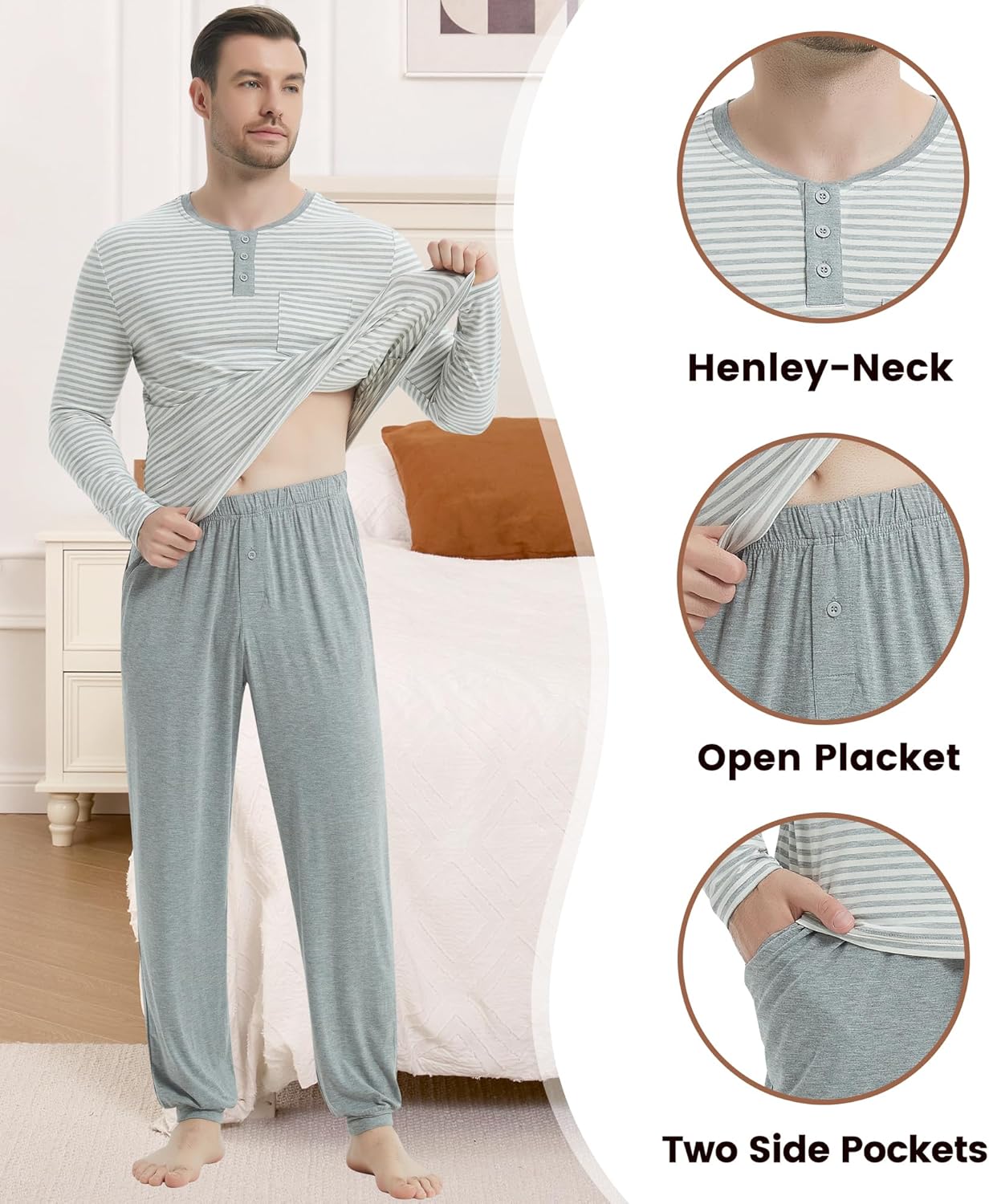 NACHILA Mens Pajamas Set Long Sleeve Henley Sleepwear Top Soft Jogger Pants Pajamas Cool Pjs Set,Viscose Made from Bamboo - Image 4