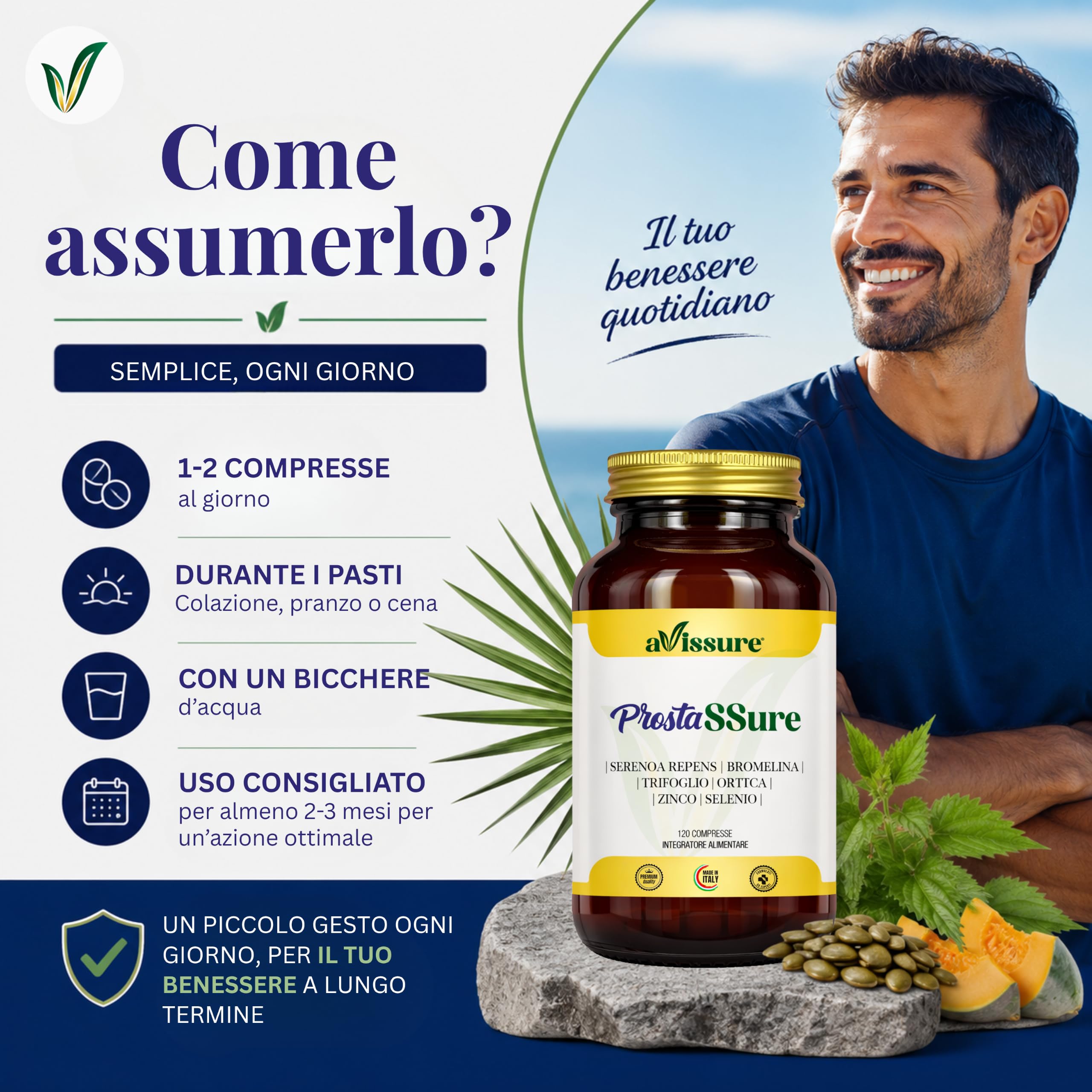 Serenoa Repens 320 mg ProstaSSure, 120 Compresse Fino a 4 Mesi, Formula con Estratto di Serenoa Repens, Ribolife, Bromelina 2500 GDU, Ortica, Vitamina B6, Zinco e Selenio, Senza Glutine, OGM, avissure