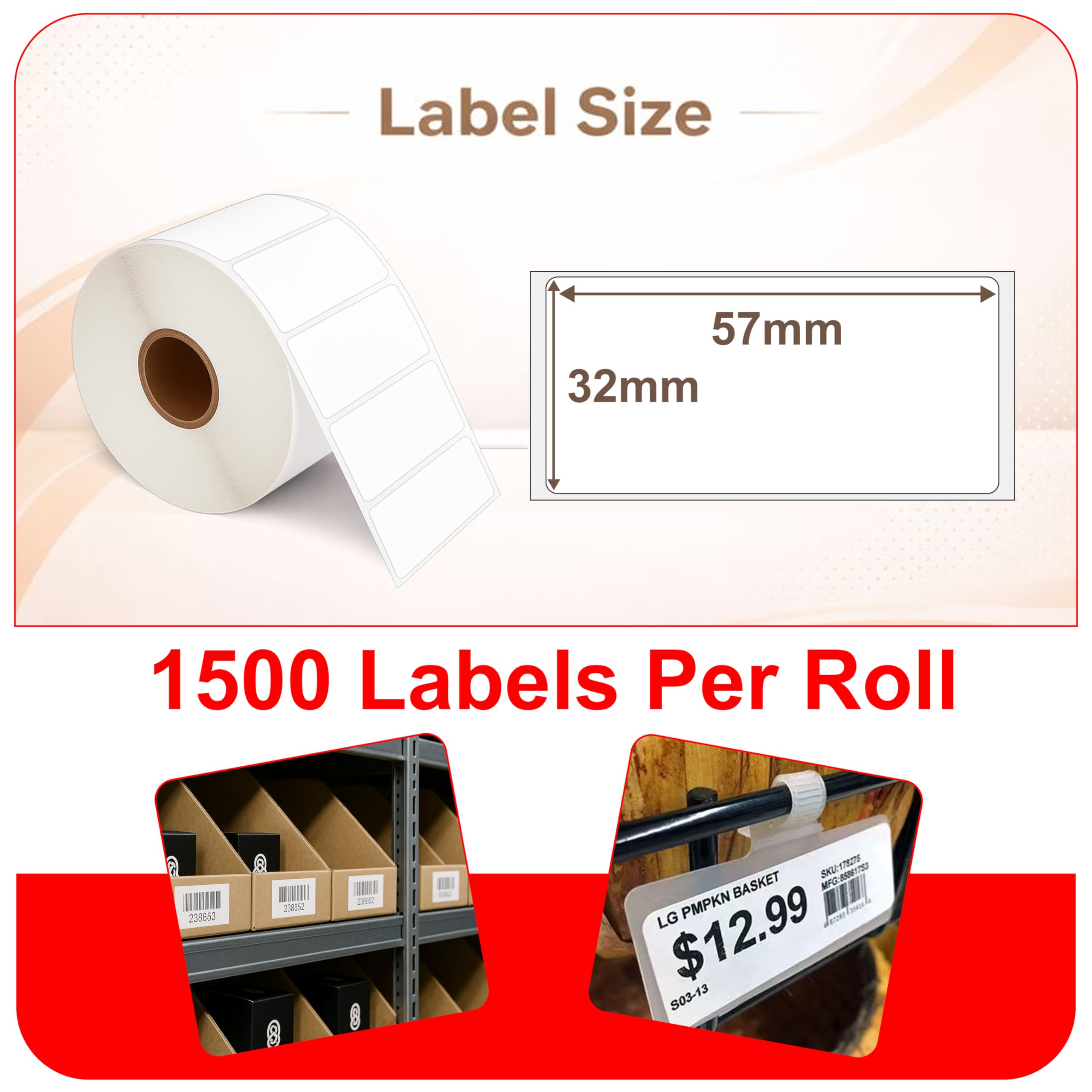 DOREE 10 rotoli di etichette in carta termica bianca 57 mm x 32 mm, testo nero su carta bianca, compatibili con le stampanti Zebra GK420D, GX420D, GK420T (1500 etichette per rotolo, nucleo 25 mm).