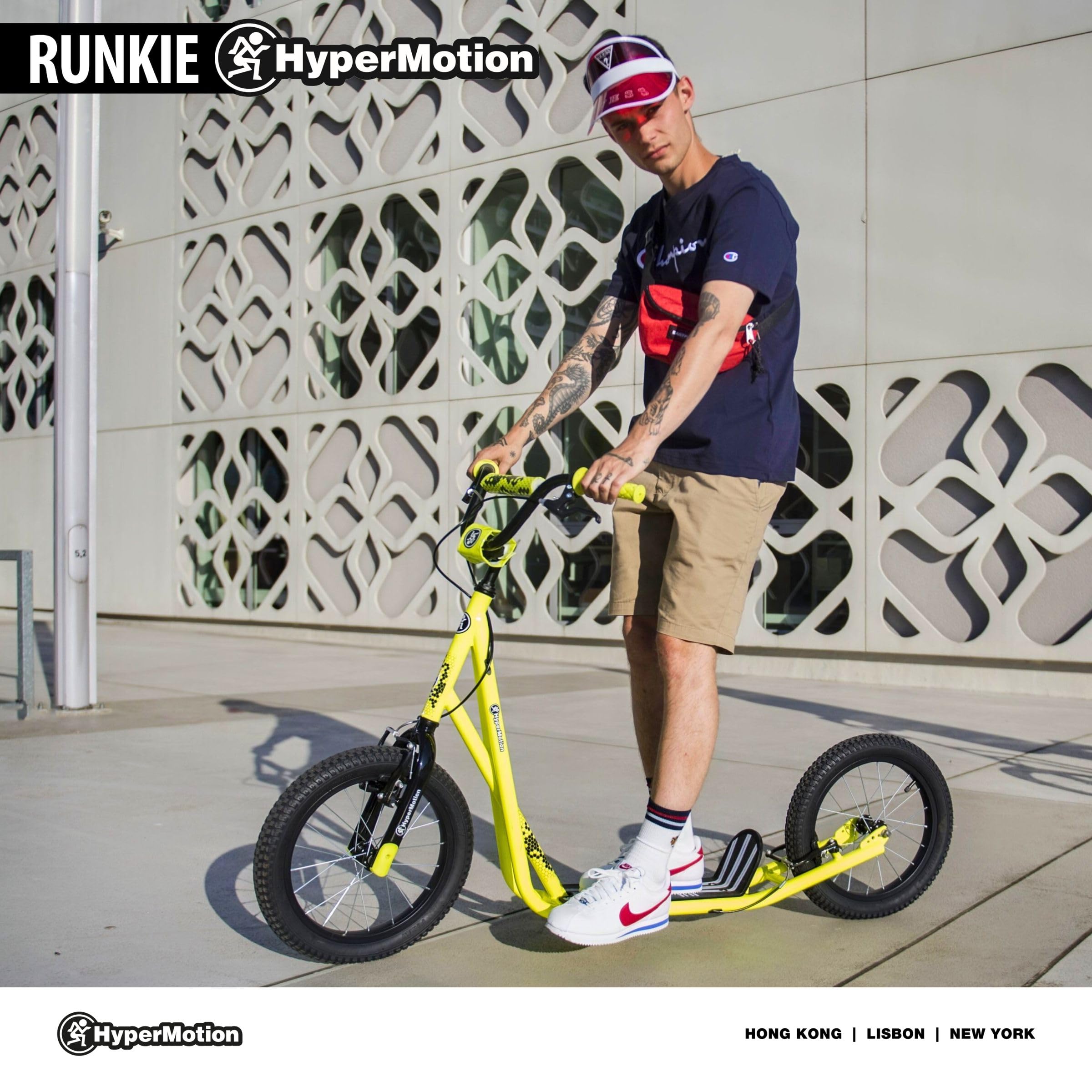 HyperMotion Runkie Patinete Urbano 16 Pulgadas Ruedas Inflables, Manillar Ajustable, Doble Freno Manual, para Niños Desde 8 Años, Jóvenes y Adultos, Amarillo