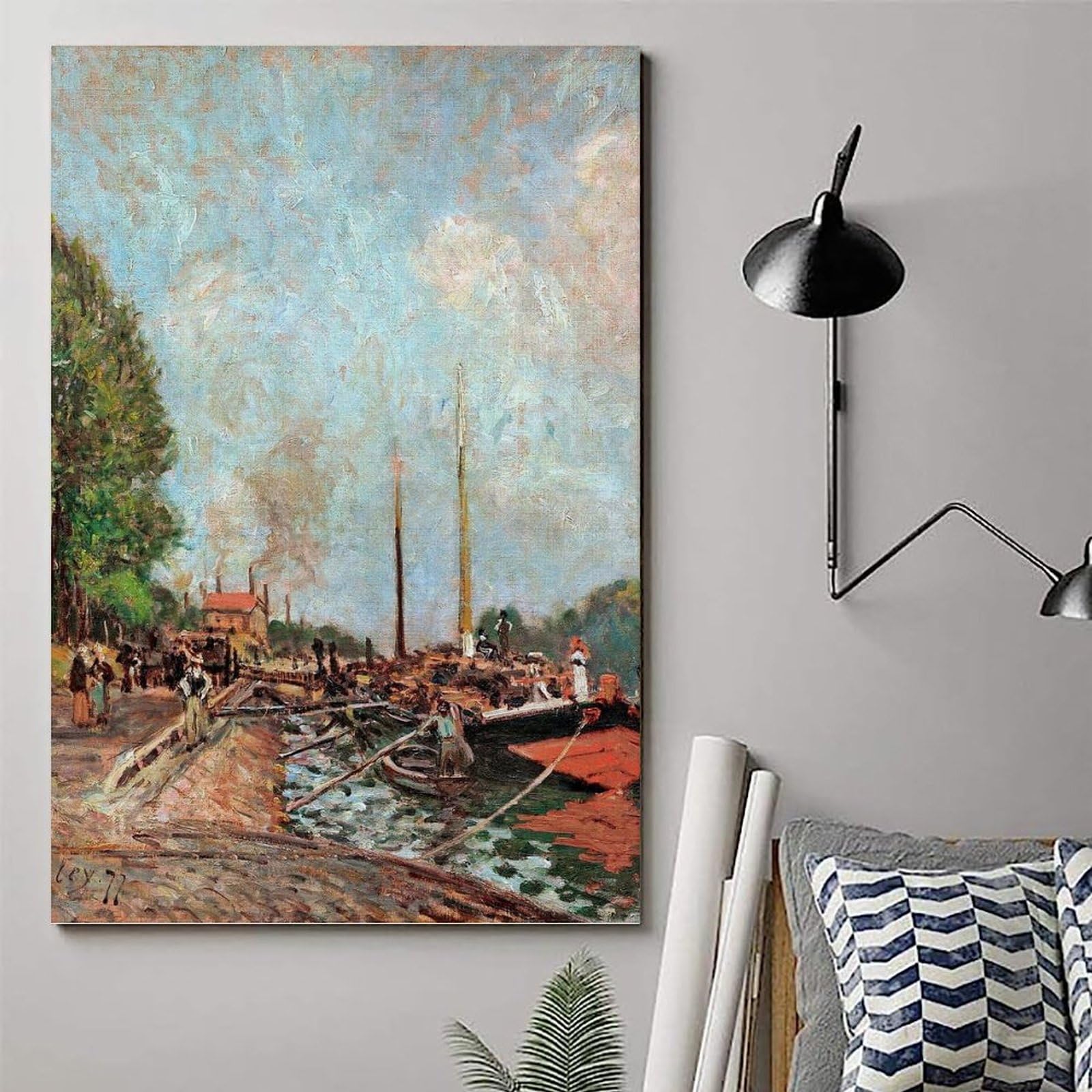 The Unloading of Barges at Billancourt by Alfred Sisley- Impresiones en lienzo modernas, pinturas decorativas para habitaciones de niños o niñas, murales para sala de estar y pinturas con motivos