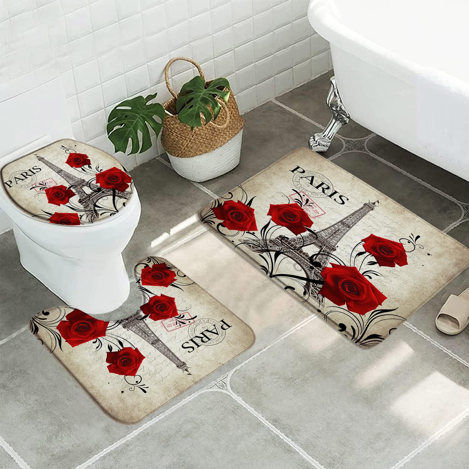 3pcs Eiffel Tower Bathroom Sets with Non-Slip Rug,Toilet Lid Cover and Bath Mat,Romantic Vintage France Paris Abstract Red Rose Floral Stamp Valentine's Day Bathroom Carpet Bath Mat Toilet Rugs