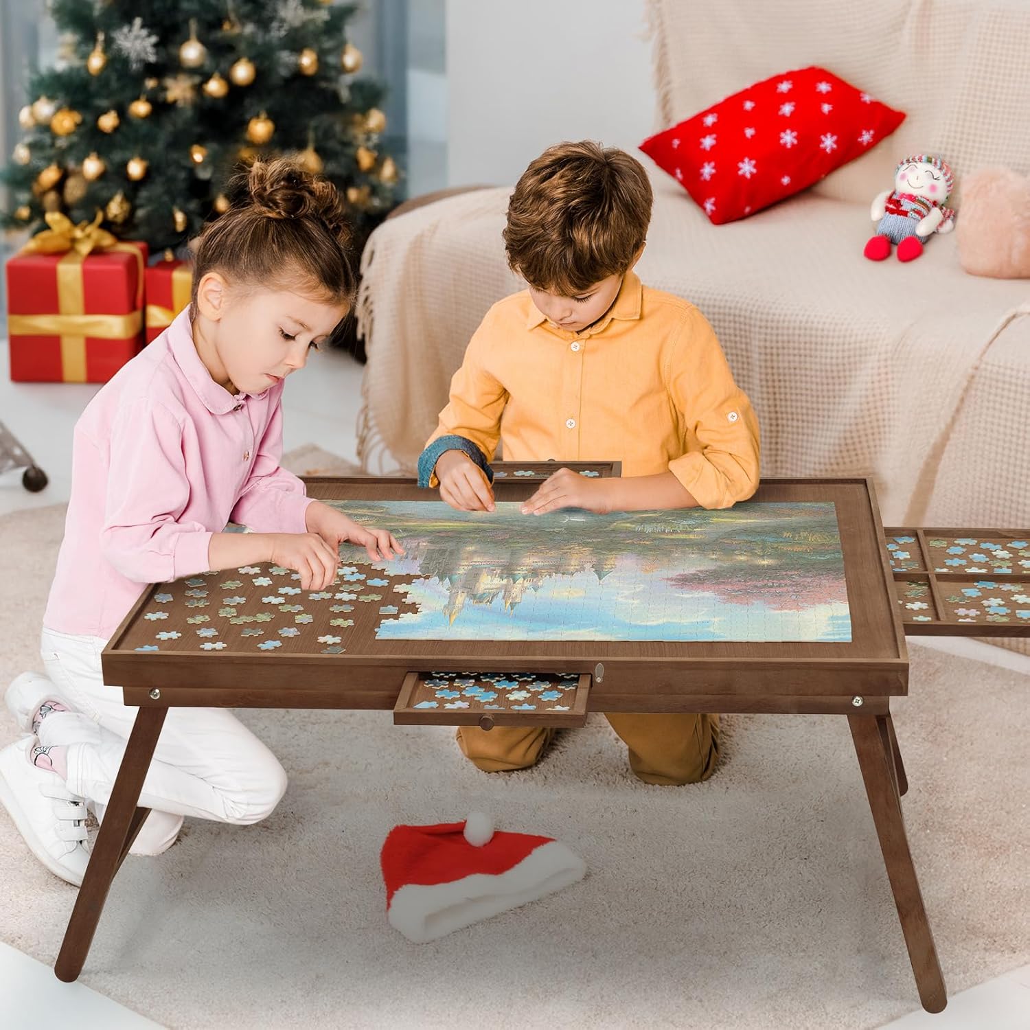 puzzle table 1500 pieces wooden puzzle board with legs, 34.3”x 26.5” jigsaw board with 4 drawers and cover, foldable leg jigsaw table for adults cho brown 1500 pieces chocolate brown