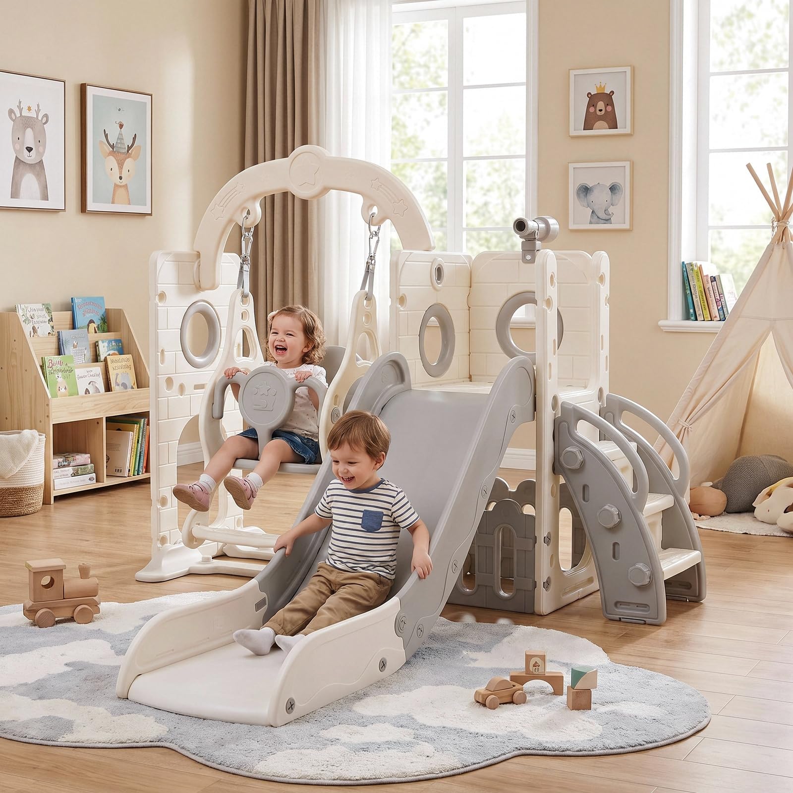 Tobogán y Columpio, Parque Infantil 5 en 1, con Tobogán Largo, Columpio, Escalada, Telescopio de Juego, Almacenamiento, Tobogán para Interior y Exterior, Juego de Tobogán para Bebé, Gris Blanco