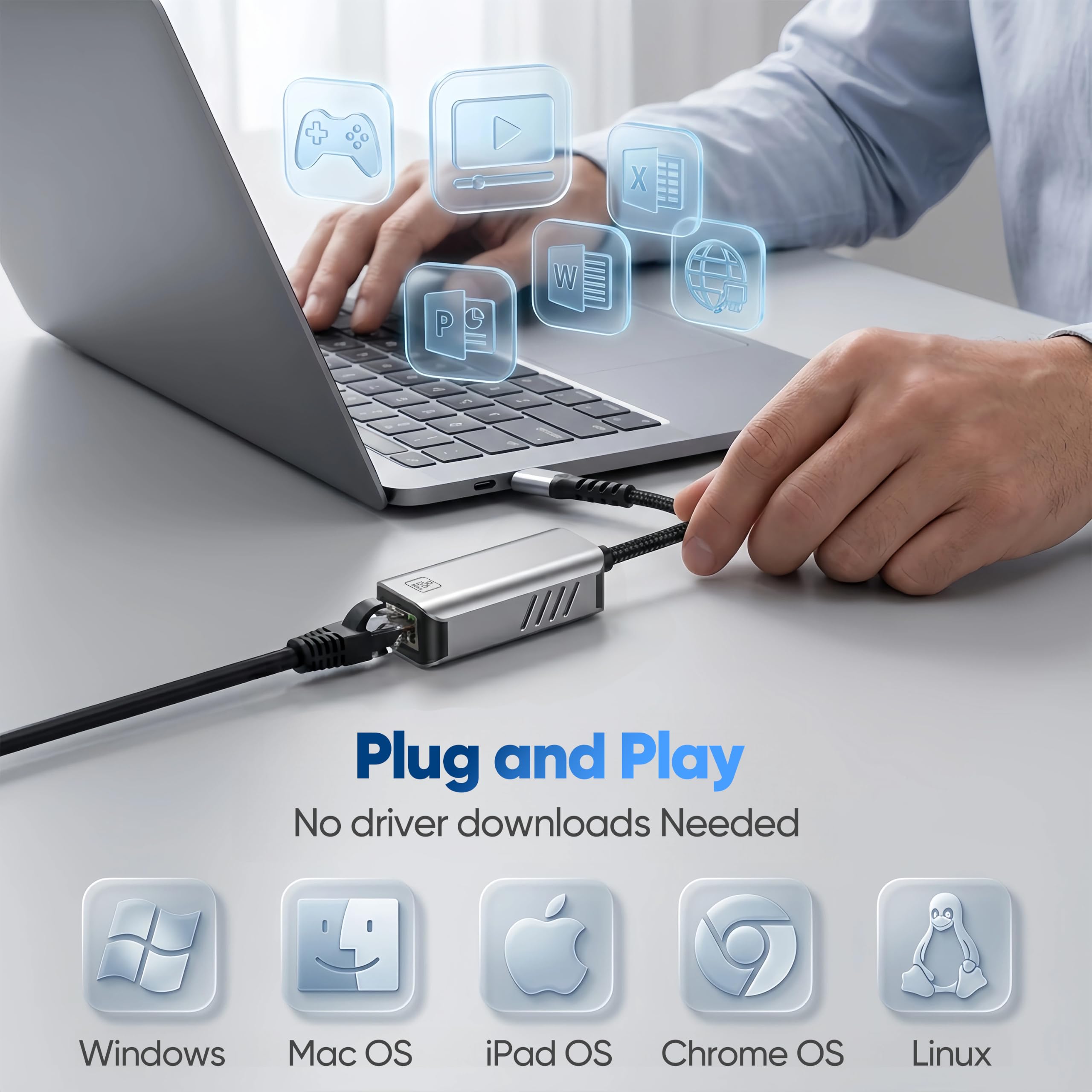 Adattatore da USB C a Ethernet da 5 GB, velocità di rete 5 Gigabit, in alluminio con design termico, tipo C, adattatore da USB C a Ethernet, compatibile con USB4, Plug & Play per MacBook