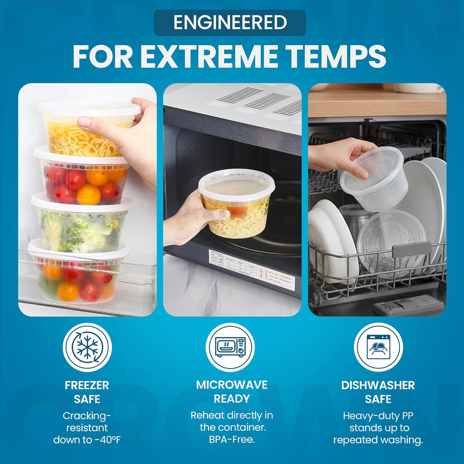 12oz Heavy Duty Deli Containers with Lids- Leak-Resistant Plastic Containers for Soups Sauces & Snacks- Microwave & Dishwasher Safe Stackable Food Containers for Deli, Catering & Takeout Use- 240 Pack