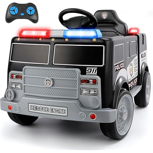 ELEMARA 12V Ride on Police Car, Electric Ride on Truck for Kids,Battery Powered Toddler Car Ride On Toy w/Parent Remote Control,Siren-Call,walkie-talkies, Flashing Lights,Bluetooth,Music,Dark Black
