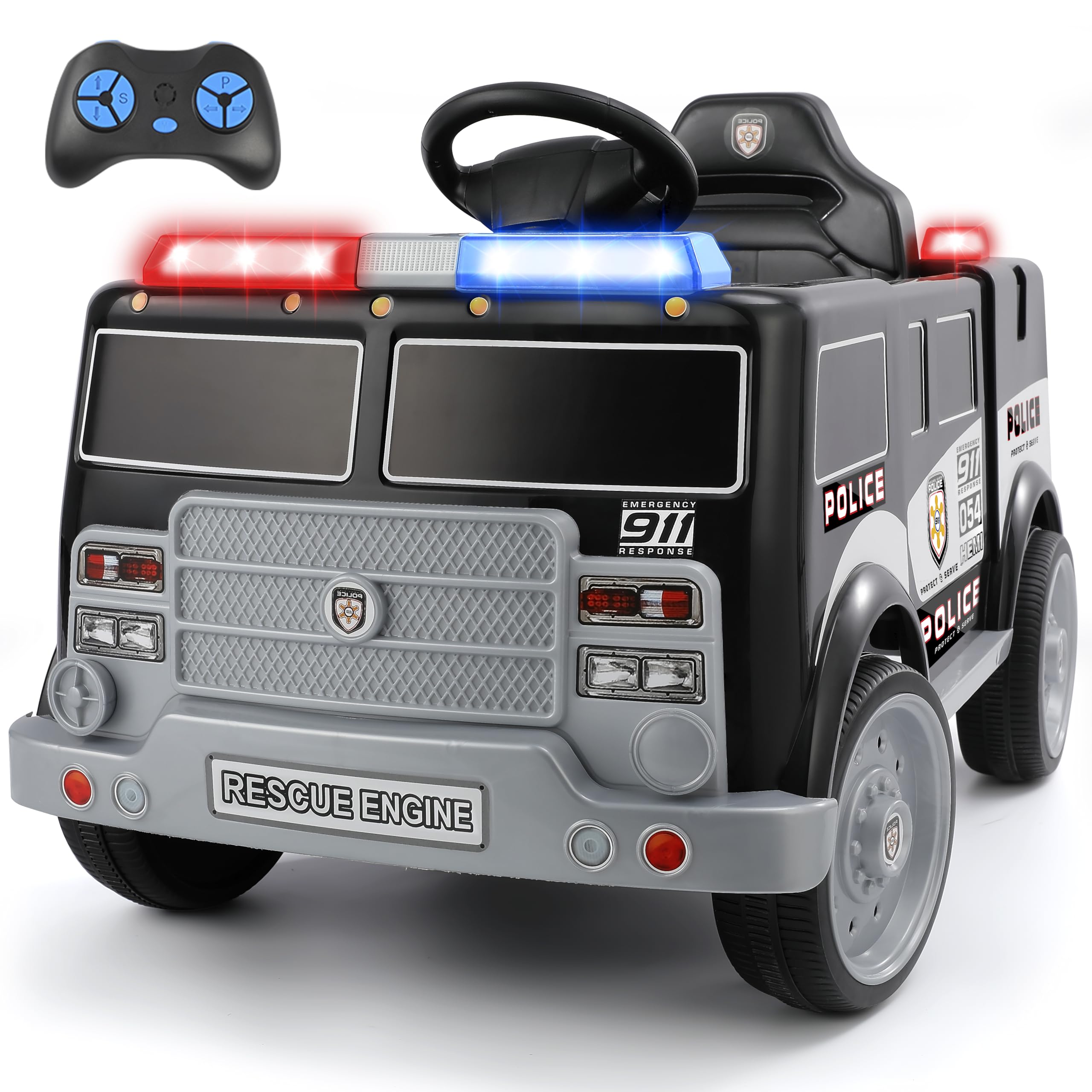 ELEMARA 12V Ride on Police Car, Electric Ride on Truck for Kids,Battery Powered Toddler Car Ride On Toy w/Parent Remote Control,Siren-Call,walkie-talkies, Flashing Lights,Bluetooth,Music,Dark Black