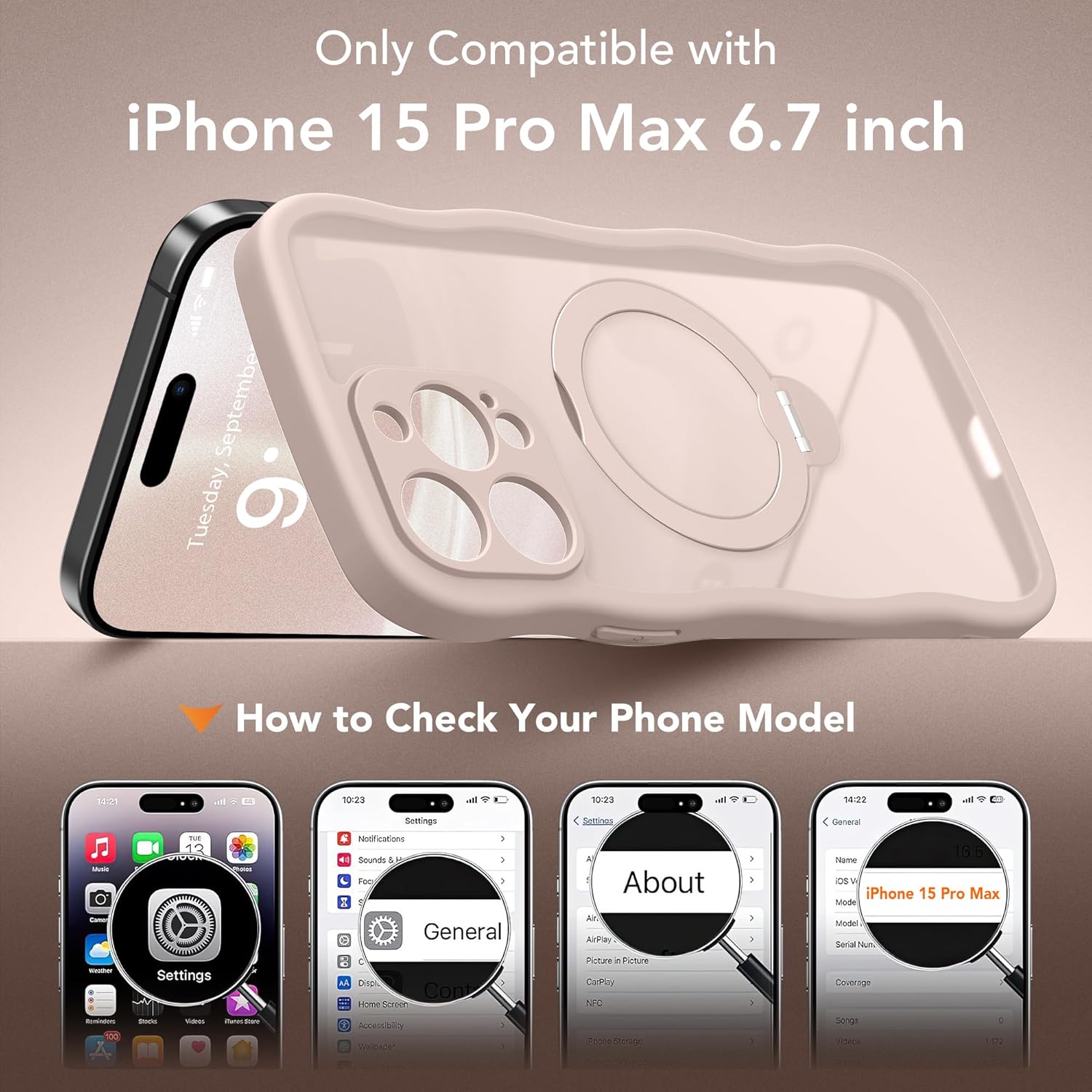 for iPhone 15 Pro Max Case,[Compatible with Magsafe][360°Magnetic Stand][Cute Wave Edge][18ft Military-Grade Protection] Translucent Matte Women Phone Cover for iPhone 15 Promax, Rose Gold - Image 2