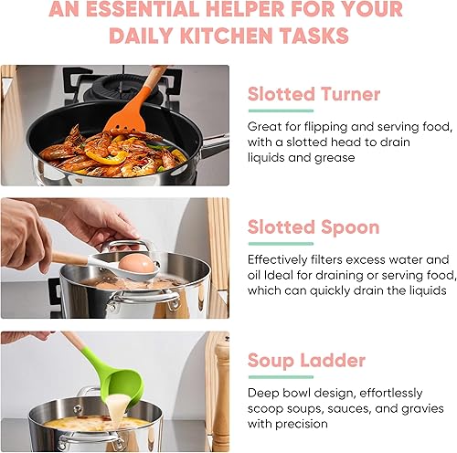 Miniatura 4 de Herogo Juego de utensilios de cocina de 5 piezas, juego de utensilios de cocina de silicona con mango de madera, herramientas de cocina resistentes