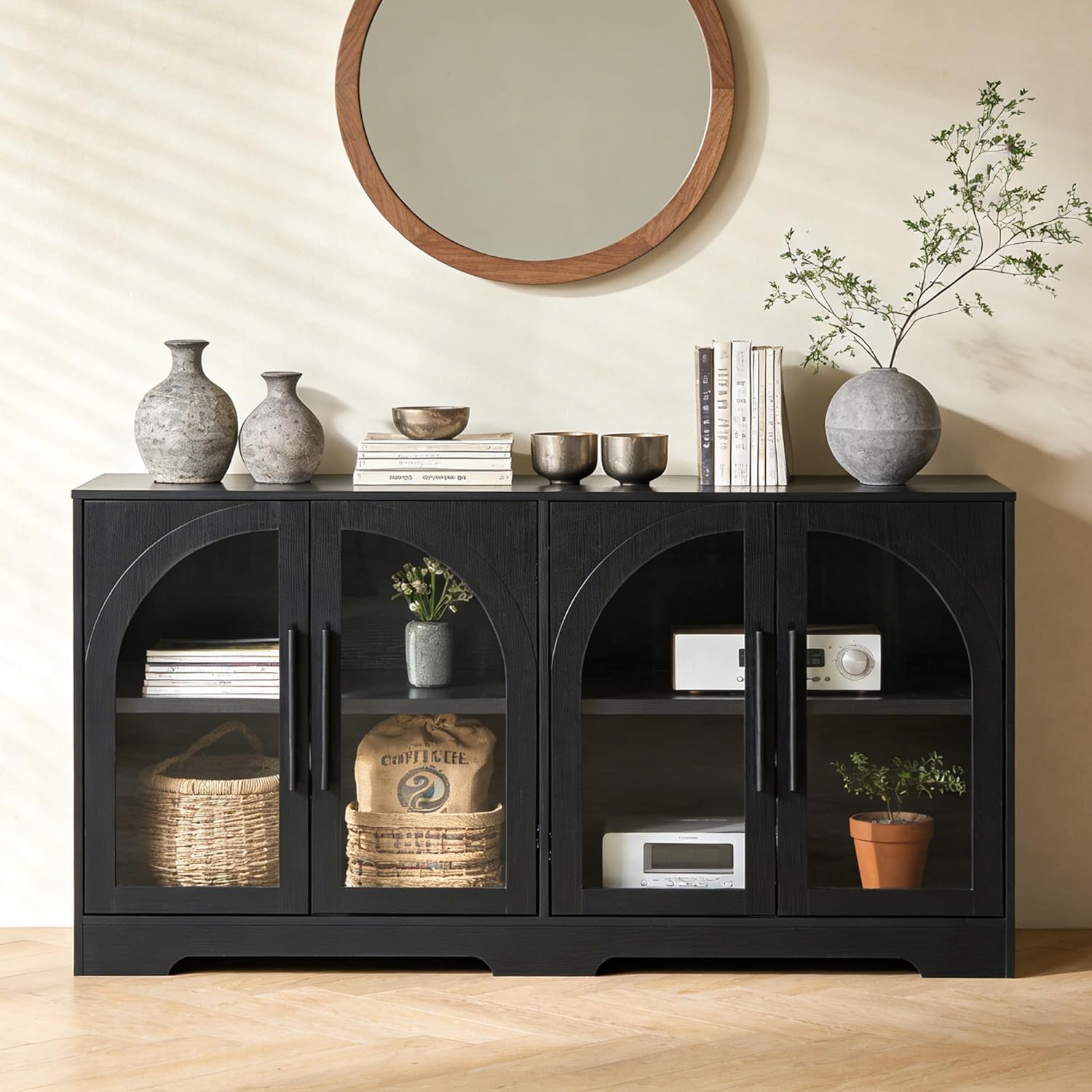 leovanni 55" Sideboard Buffet Cabinet with Glass Doors, Arched Media Console Cabinets with Cable Holes and Adjustable Shelves, Coffee Bar Cabinet for Dining Room Living Room Entryway, Black