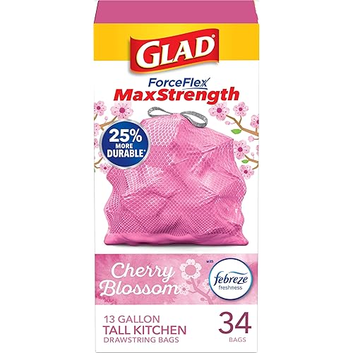 Glad Tall Kitchen Trash Bags 13 Gallon, MaxStrength Cherry Blossom Garbage Bags, Odorshield with Drawstring, 34 Count